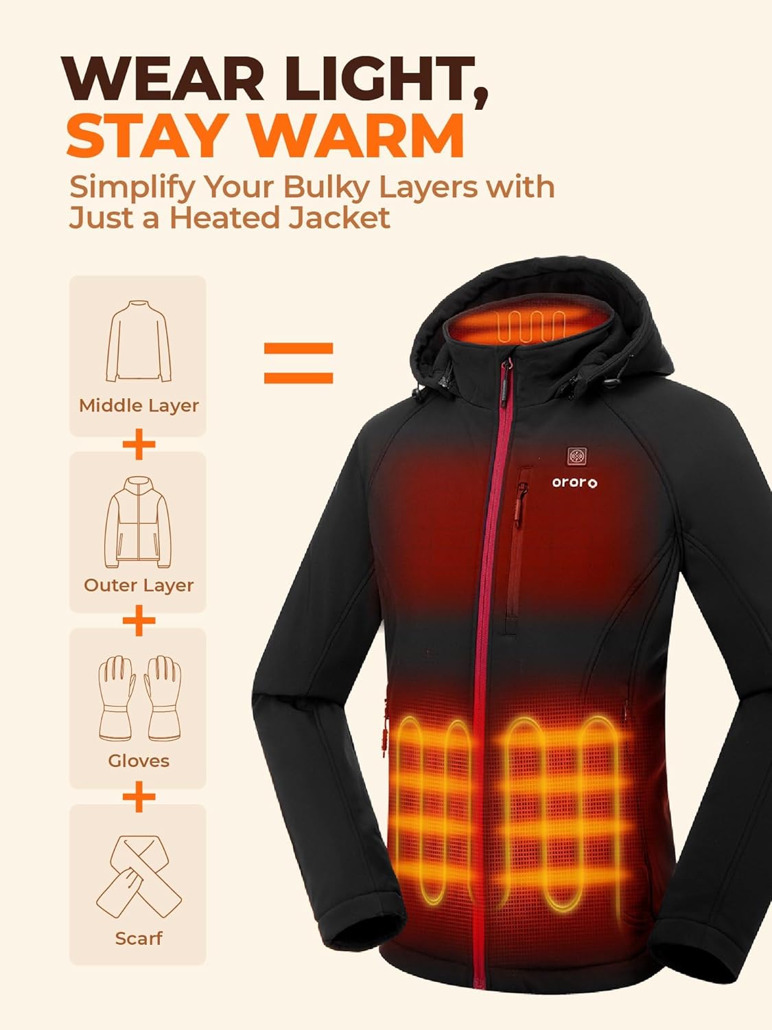 ORORO Women's 4-Zone Heated Jacket with Heated Collar, Shell Heated Coat with Rechargeable Battery - Image 6