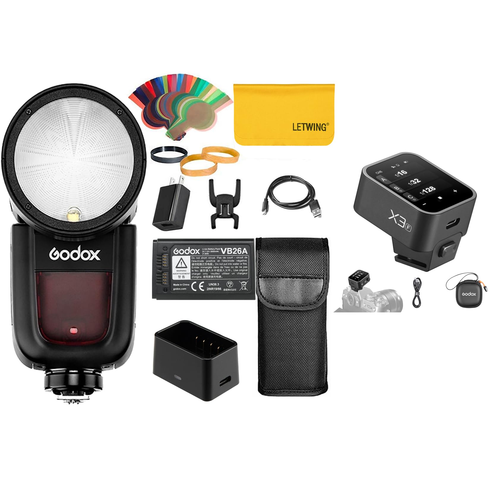 Godox V1 V1-F V1F Round Head Camera Flash for Fujifilm Fuji Camera, 2.4G TTL Flash Fuji Speedlite HSS 1/8000s, 2600mAh Battery, 480 Full Power Shots, with Godox X3F TTL Wireless Flash Trigger for Fuji