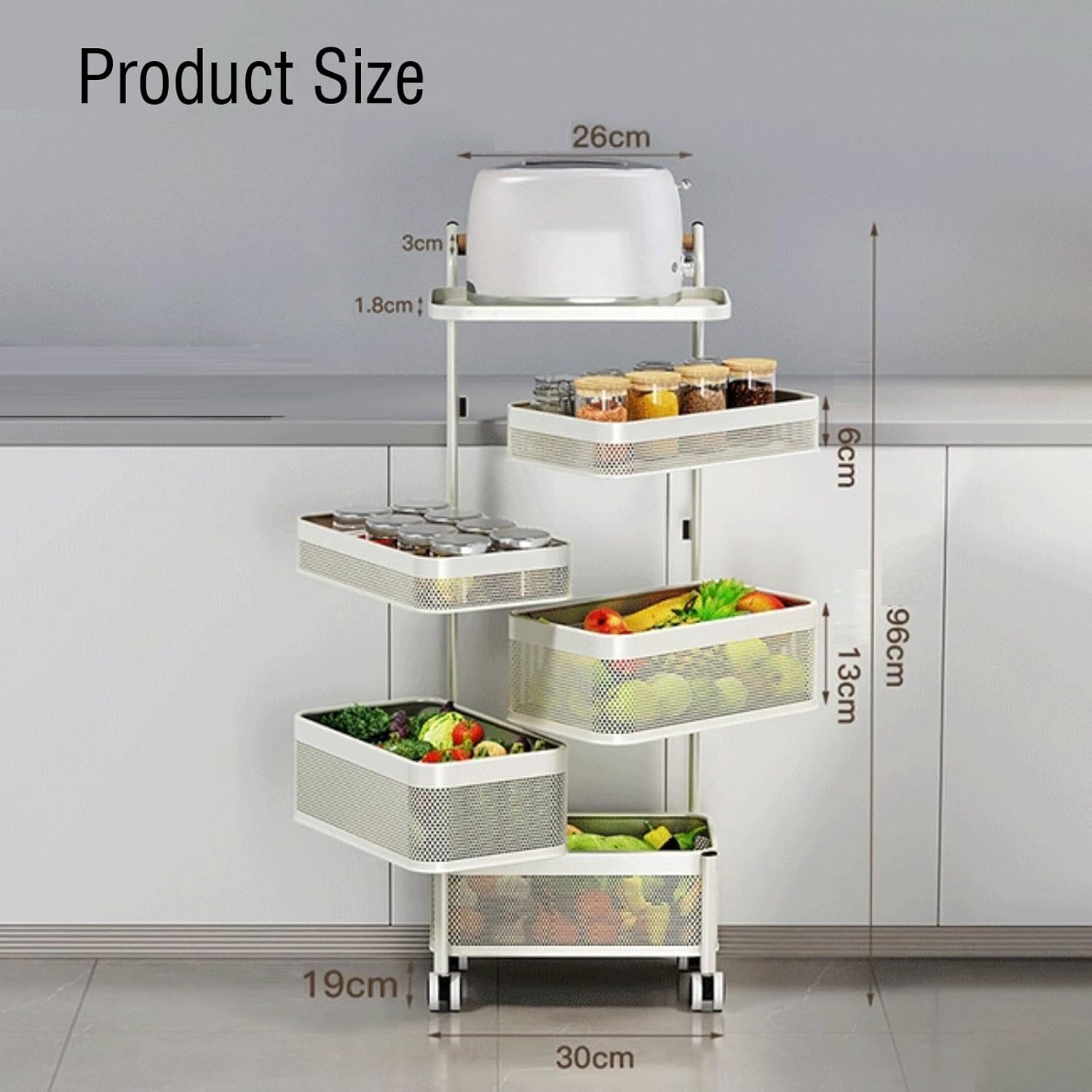 Multi-Layer Storage Rotating Basket,Bathroom Shelf with Wheels,Rotating Fruit and Vegetable Shelf,Removable Basket,Space-Saving(6 Tiers)