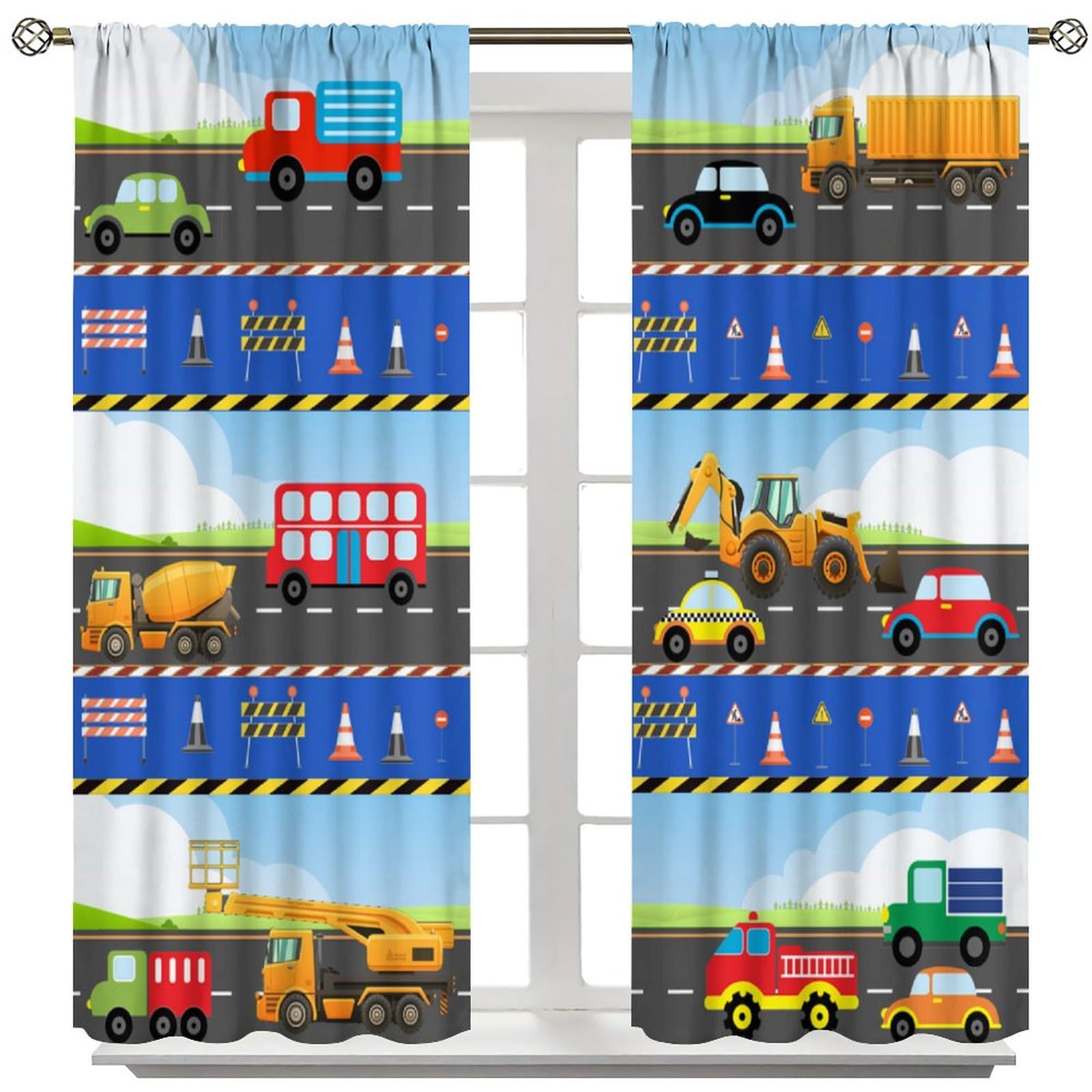 SHElifestyle Kids Construction Truck Curtains, Road Tractor Excavator Window Treatments Cartoon Cars Bus Transportation Window Drapes for Teens Boys Girls Bedroom Living Room W42 X L45, Racing-4