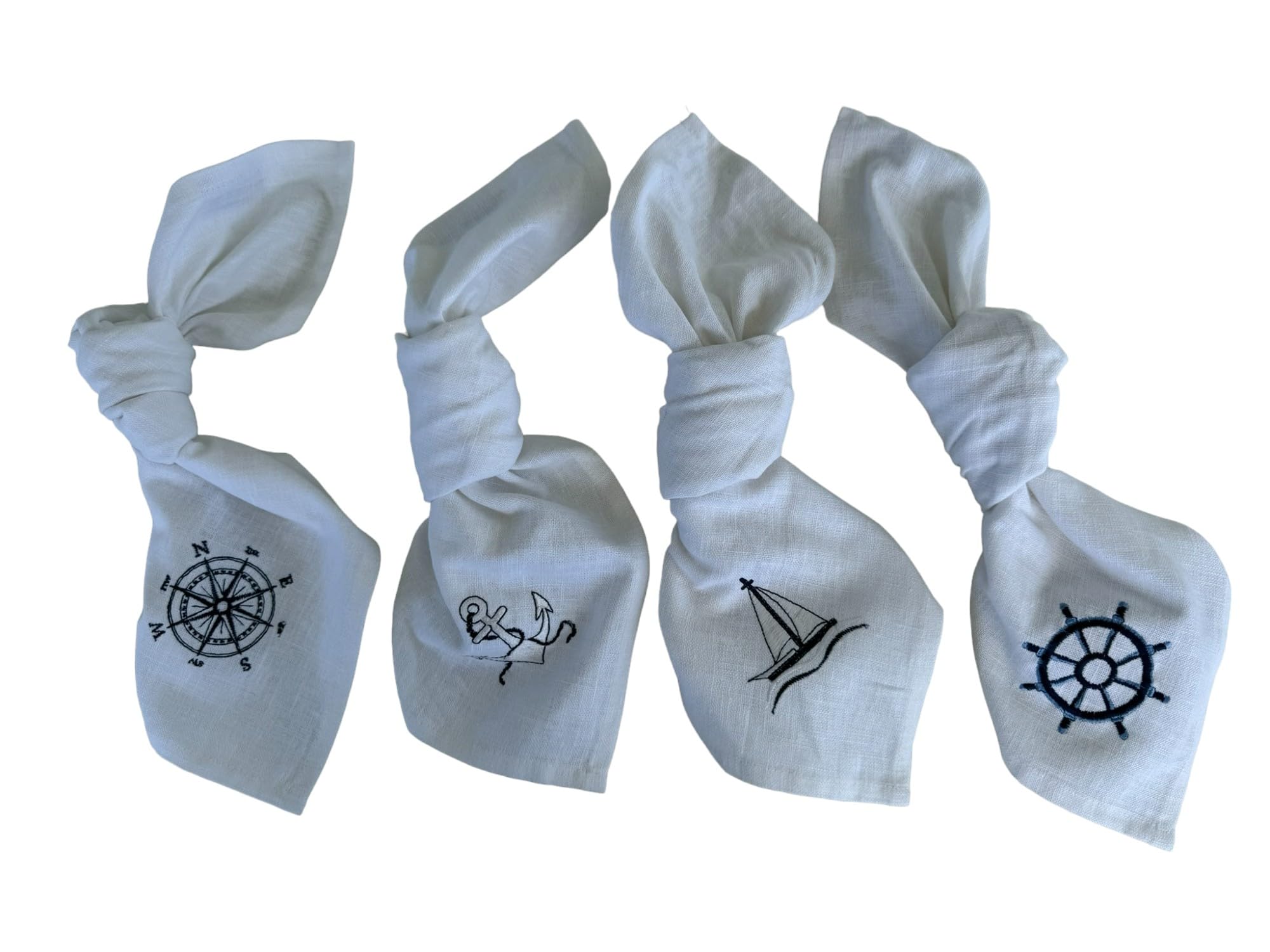 White Linen Dinner Napkins - 100% Linen Cloth - Fully Hemmed with Mitered Corners - Washable - Pack of 4 (Nautical Sailing Embroidered)