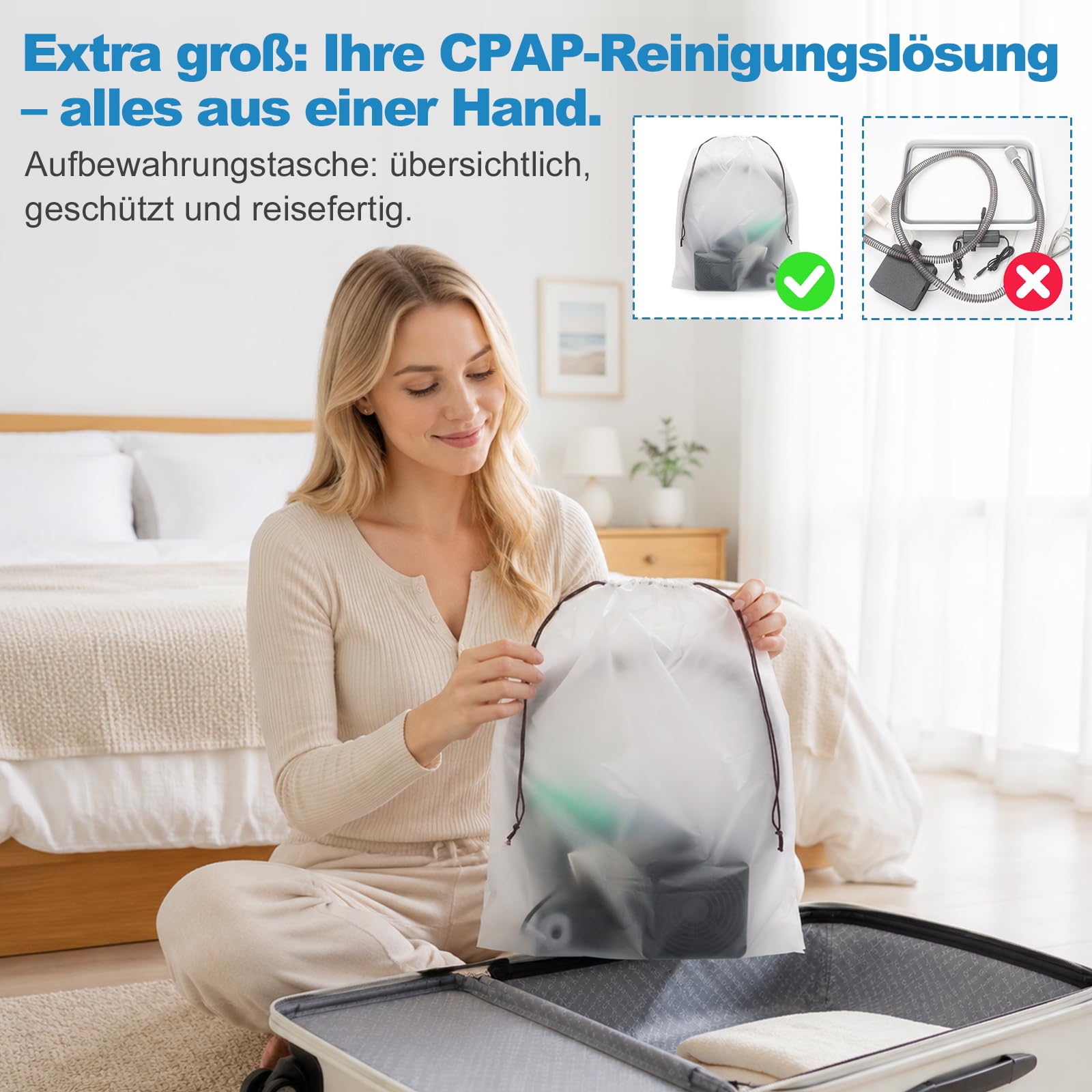 9-teiliges CPAP Reinigungsset – Schlauchtrockner mit 10 Geschwindigkeitsstufen, faltbare 8,3L Waschschüssel, 2,1m Schlauchbürste, Maskenbürste & Doppel-Halter – Kompatibel mit 15mm & 22mm Schläuchen