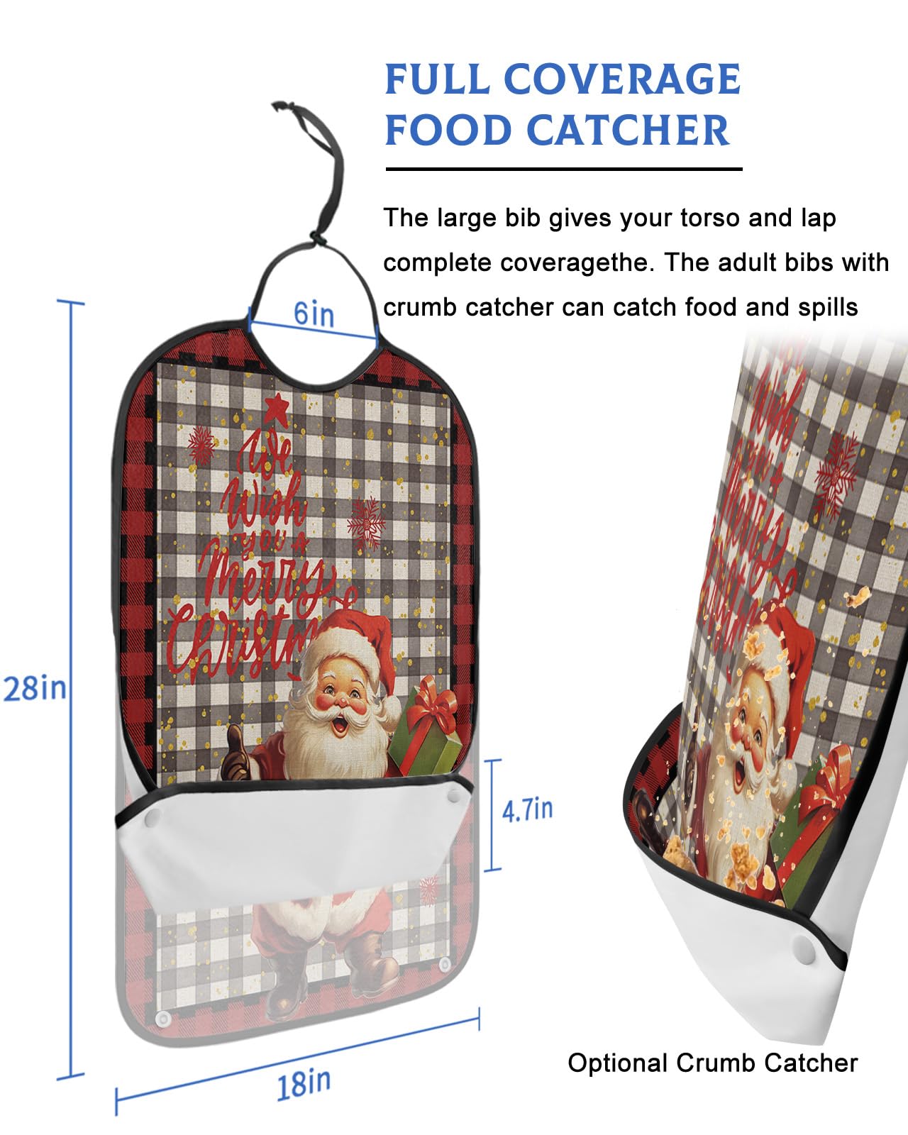 Rustic Christmas Adult Bib for Adults Men, Women, Washable & Adjustable Terry Cloth Bib with Crumb Catcher Reusable Waterproof Clothing Clothes Protector Apron Snowflake Santa Red Plaid Dots