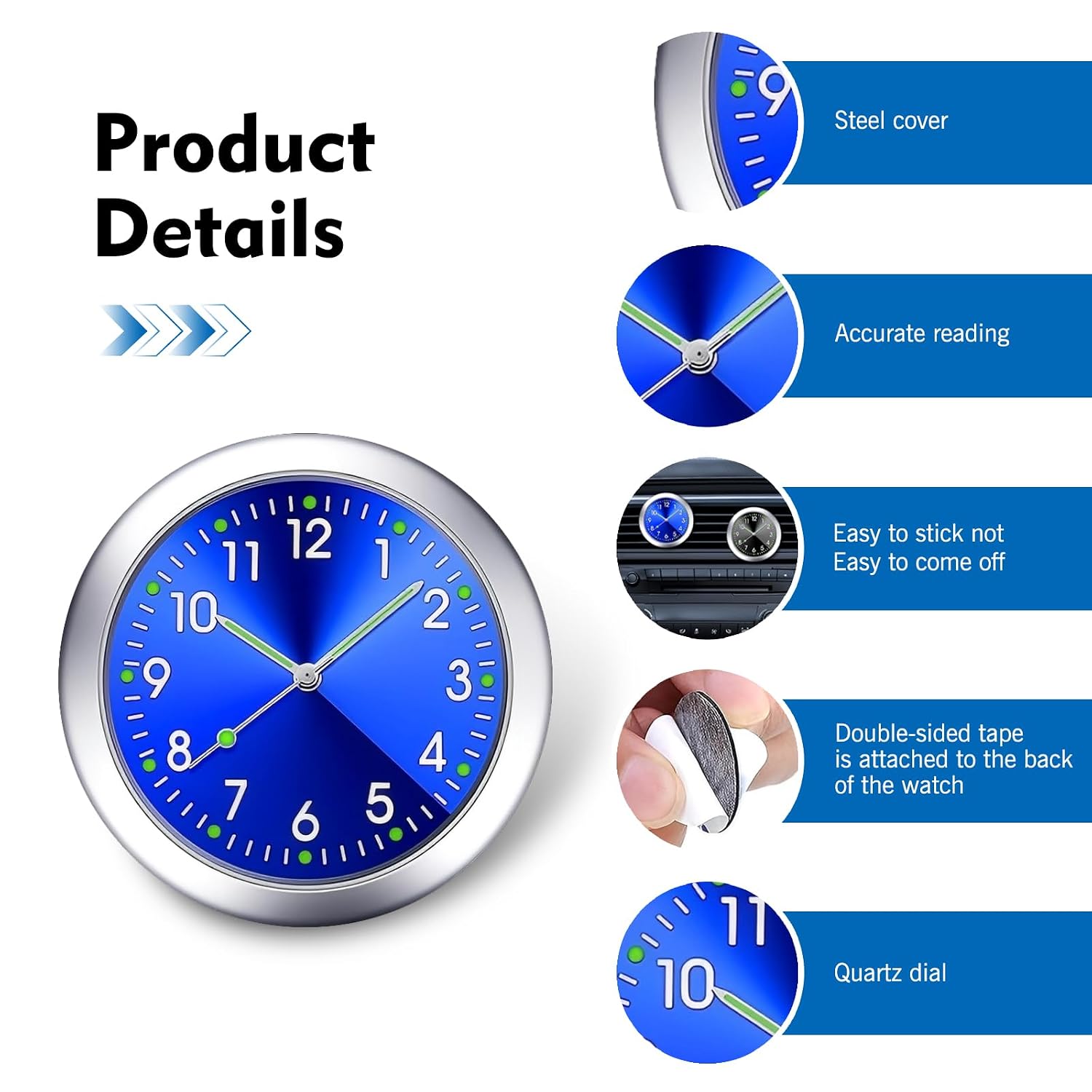 2 PCS Stick on Dashboard Car Clocks, Luminous Digital & Analog Mini Clock, Quartz & Alloy Round Decoration Watch, Self-Adhesive Interior Accessory for Car Truck Home (Black & Blue)