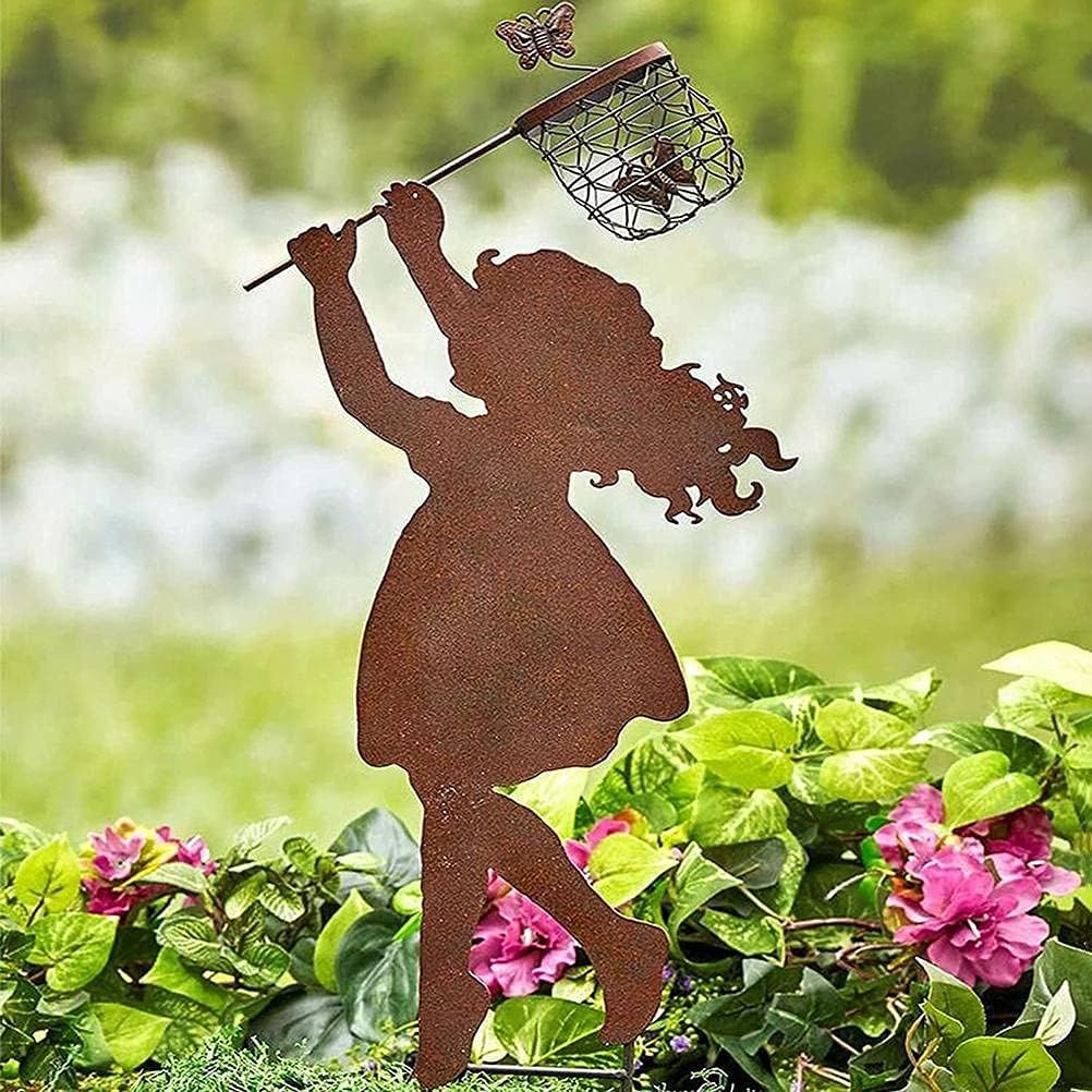 Boy Girl Silhouettes Chasing Butterfly Metal Vintage Garden Silhouette Sculpture Yard Garden Metal Stake Decor