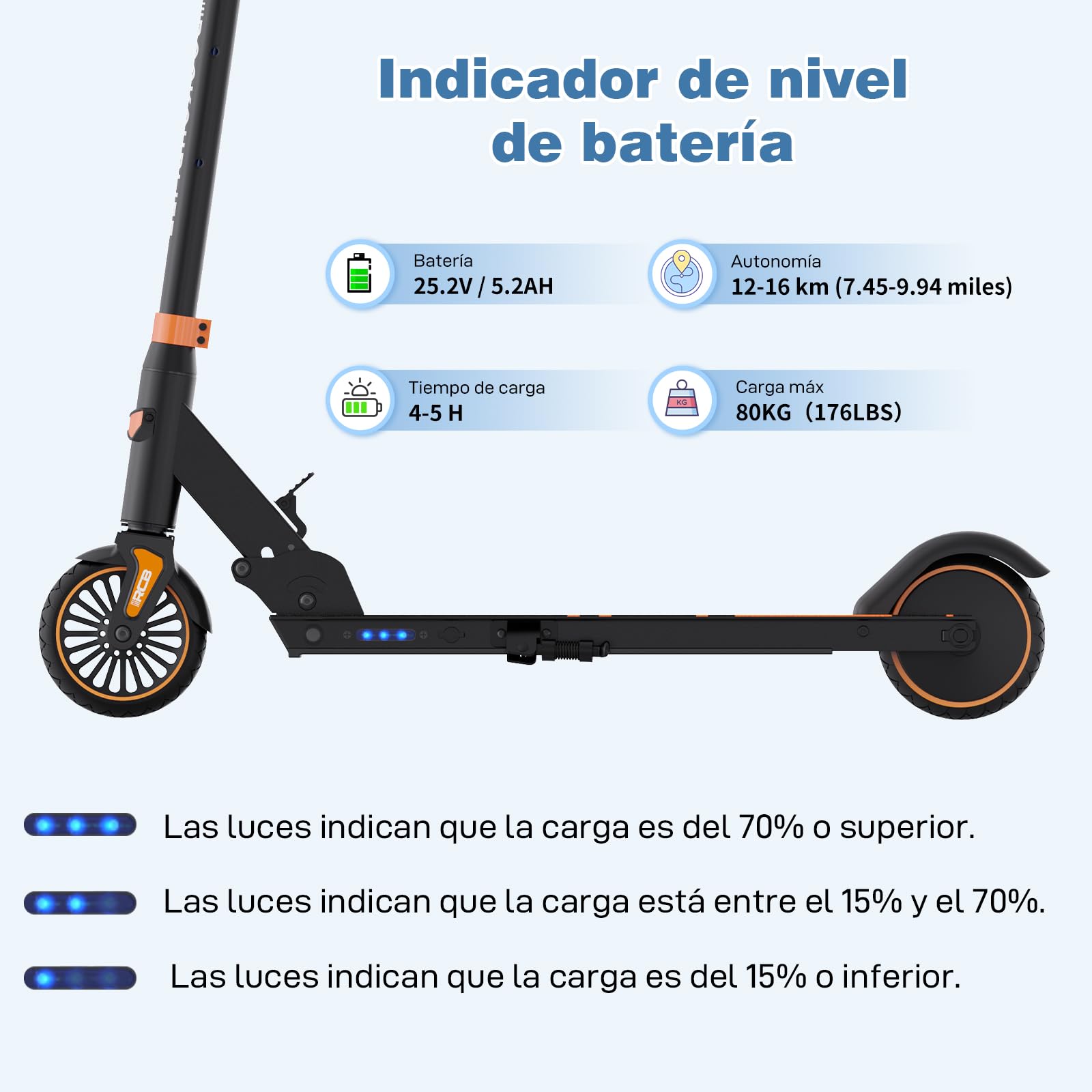 RCB R15 Patinete eléctrico Niños (8-12-16 años) - Máx.20 Km/h, Autonomía máxima 16 Km, Scooter Eléctrico Plegable para niños - Regalo para Adolescentes