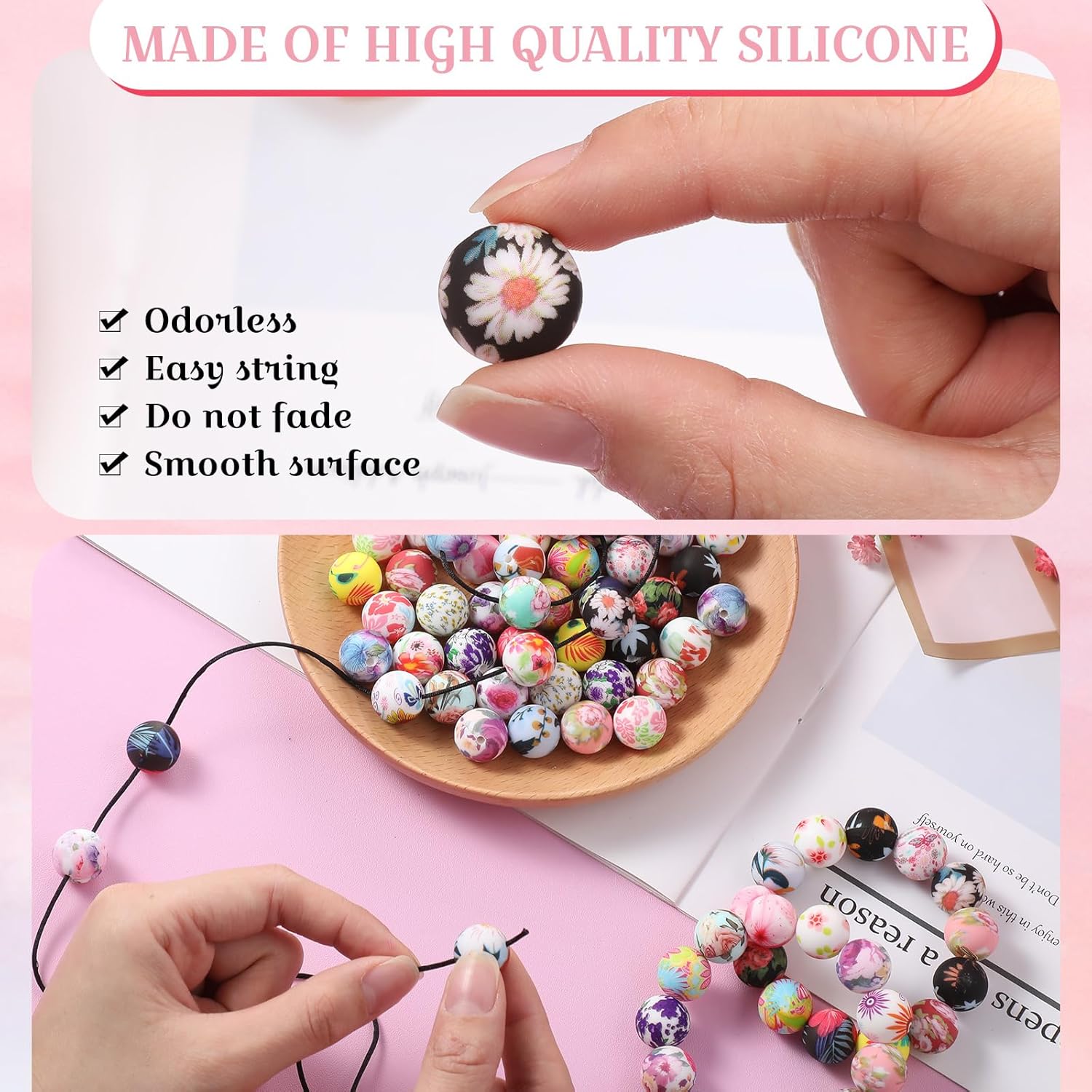 120 Pcs 15mm Silicone Beads Bulk Flower Silicone Beads Floral Print Rubber DIY Bracelet Making Kit for Keychain Making Pens Necklace Jewelry(Flower) - Image 3