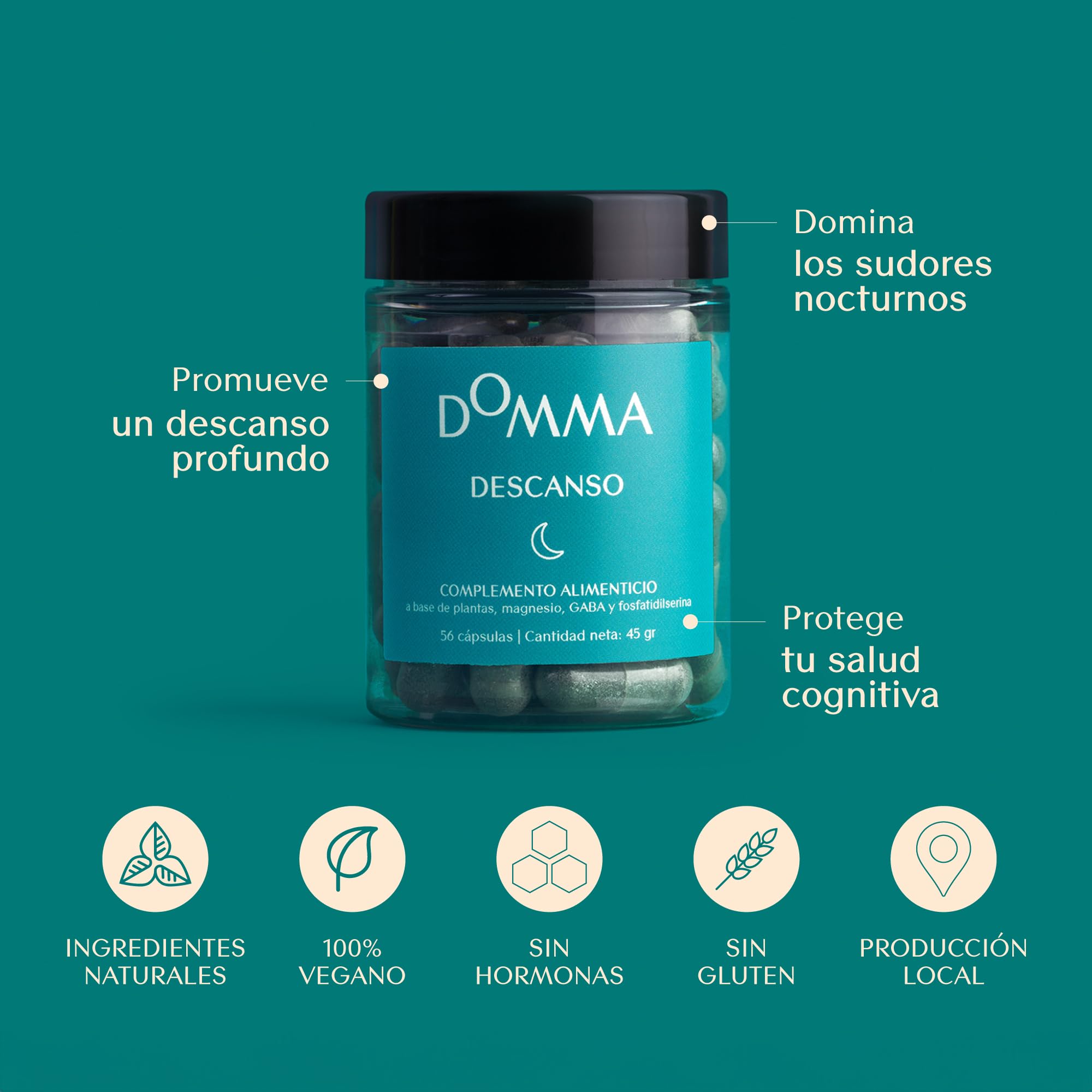 Menopausia - Descanso Domma | Cápsulas para dormir de forma natural | Tratamiento natural para el insomnio y los sudores nocturnos con salvia, reishi y amapola californiana | Sin Melatonina - 56 caps