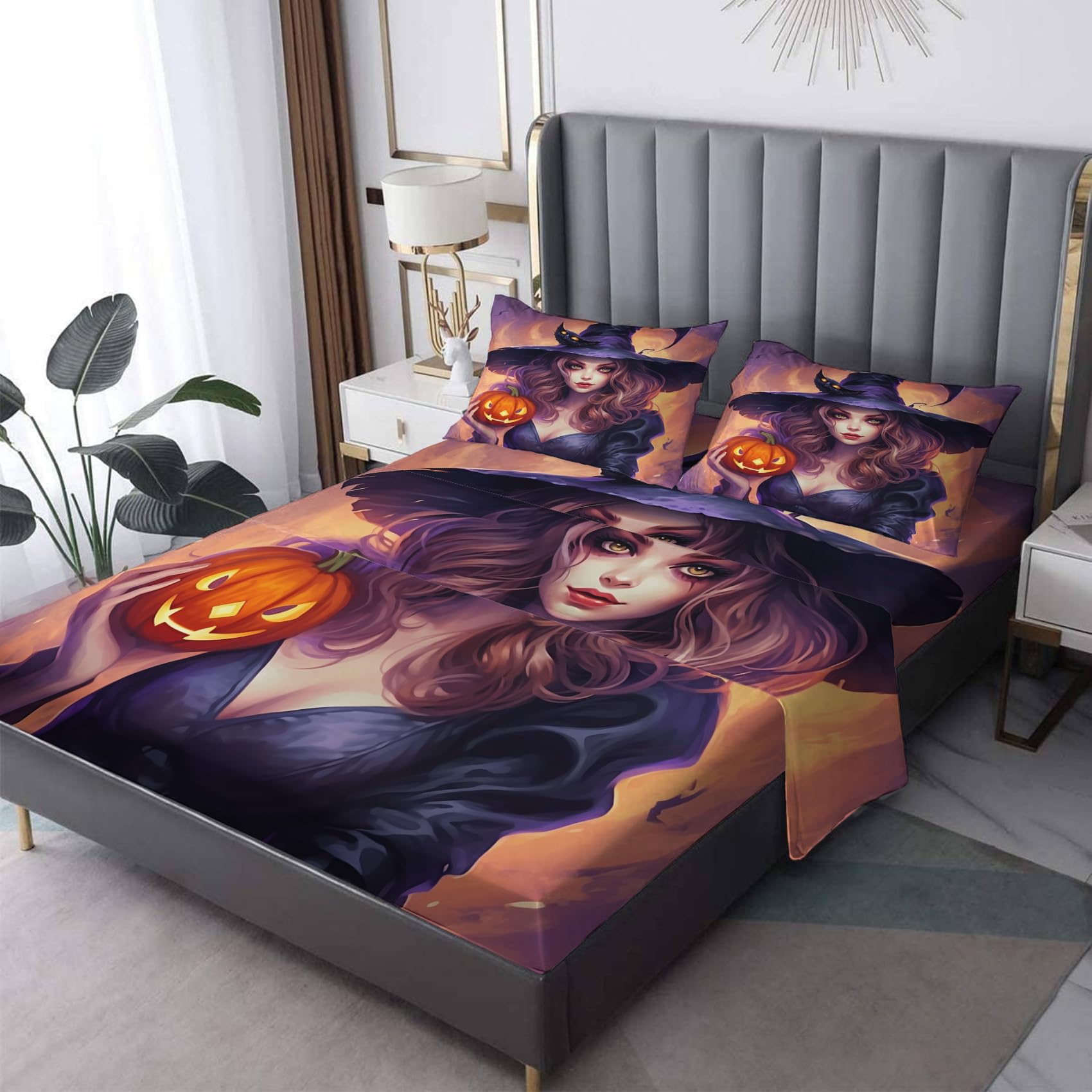 Fizzenobia Witch Sheets Queen Size Bed Set - Kids Halloween Bed Sheets & Bedroom Decor - Soft Breathable Microfiber Deep Pocket Patterned Bedding