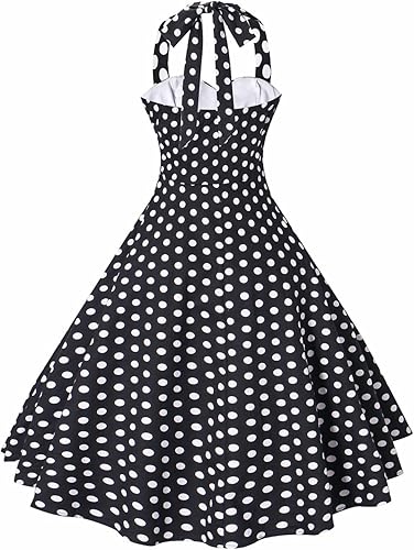 Miniatura 2 de Vestido de Cocktail Swing con cuello Halter y escote en V a lunares, de estilo Vintage Rockabilly de los años 50, para mujeres. Negro Blanco (puntos