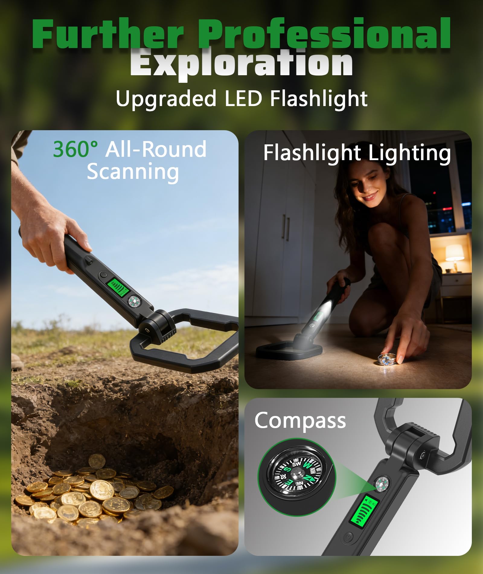 Detector de metales plegable de mano, resistente al agua IP66, para niños y adultos, ligero, portátil, herramienta de detección de 360° con pantalla LCD, brújula y luz LED, funciona con pilas de 9 V