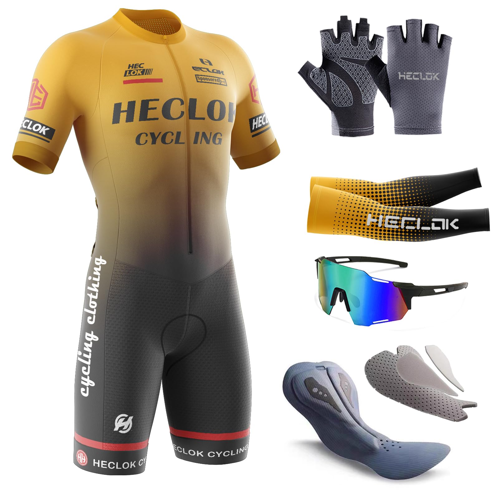 Heclok Men's Typ-10 Cycling Skinsuit，One Piece Trisuit Bike Jumpsuit,Competition-Grade Handmade High-Density Sponge Padded，Mtb Triathlon，Quick Dry Triathlon Suit，Short Sleeve One Piece Bodysuit (,M)