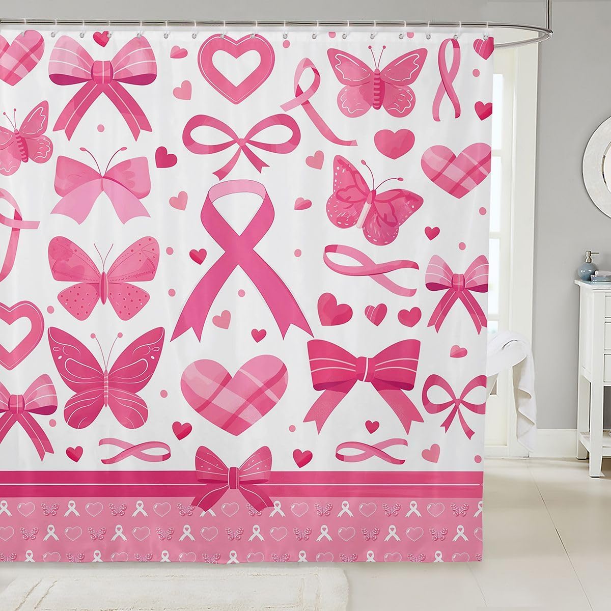 jejeloiu Breast Cancer Awareness Party Supplies Shower Curtain for Bathroom Decor Ribbon Bath Curtain Breast Cancer Survivor Gifts for Women Bathroom Accessories Baby Pink with 12 Hooks 72"x72"