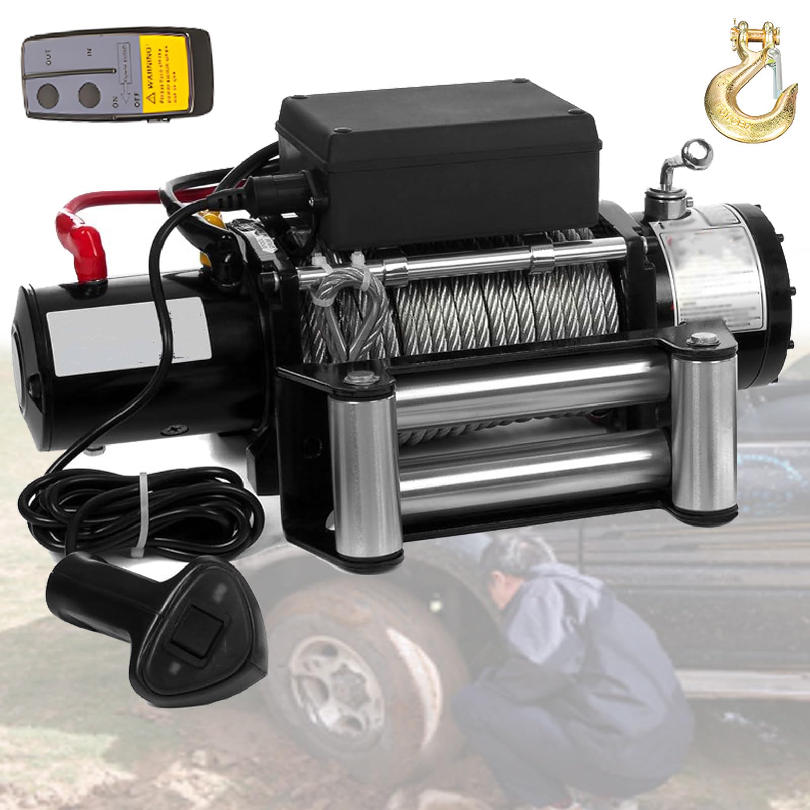DOZPAL 12V/24V DC Steel Wire Electric Winch for ATV UTV Off Road Vehicle Recovery, 3000/3500/4000/4500/6000LBS Steel Cable Winch Wireless/Handheld Remote Winch 3500LBS