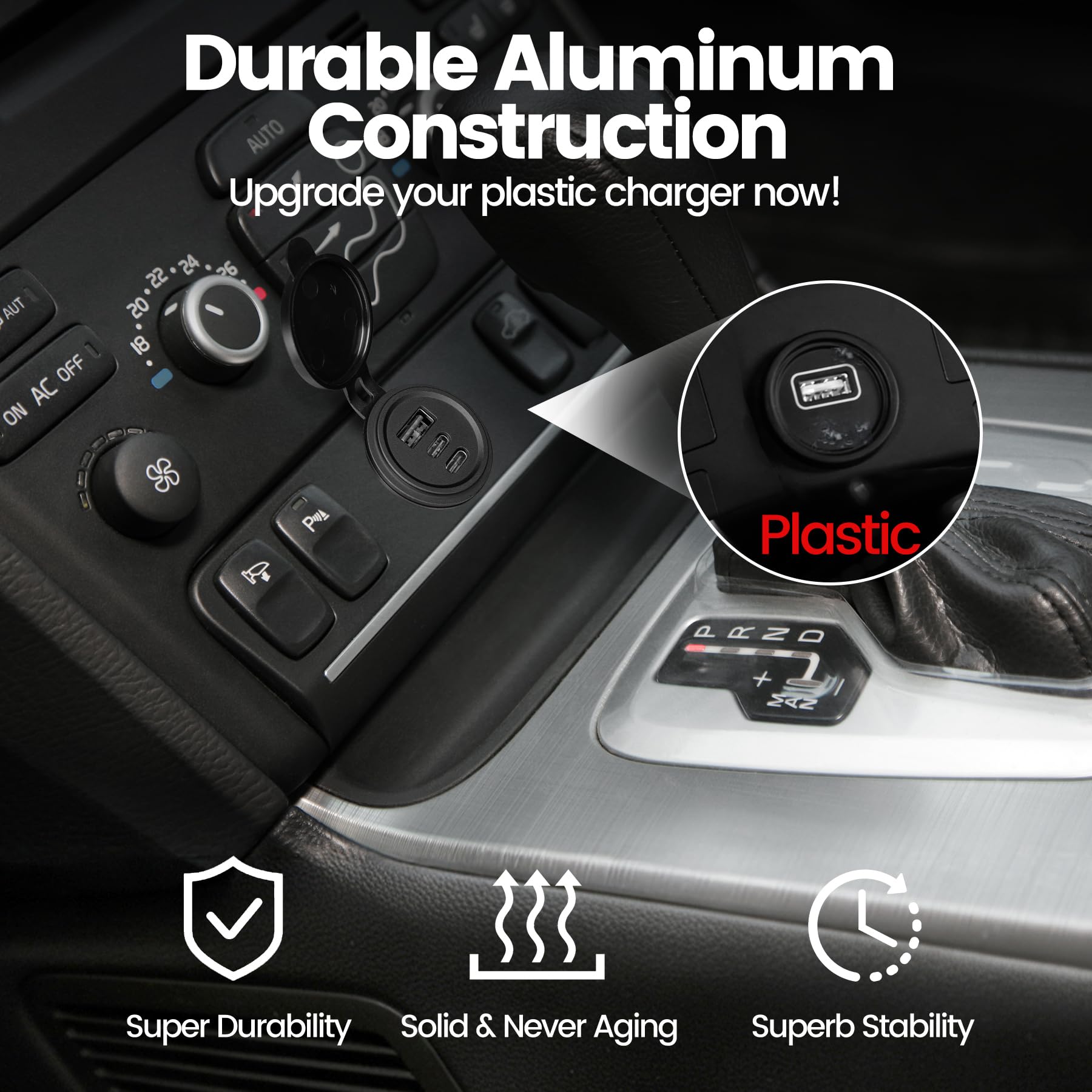 Alluminio Presa USB 12V Camper Auto 3 Porta, Tipo C PD3.0 & USB-A QC3.0 Caricatore Carica Rapida, Impermeabile per Roulotte Barca Camion (2 Pcs)