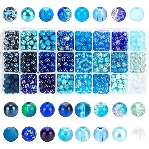 PH PandaHall 720pcs 8mm Blue Beads for Jewelry Making Glass Beads 24 Color Bracelet Bead Round Craft Loose Bead for Bracelets Necklaces Earring Summer Hawaii Boho Heshi Surfer Wave Jewelry Making