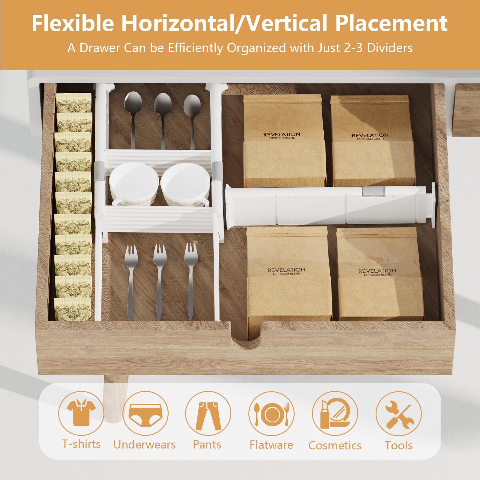 KABUM Organizador divisor de cajones ajustable, organizador de ropa, organizador expandible para el hogar, oficina, 2.8 pulgadas de alto, expandible de 11.7 a 18.5 pulgadas, 4 separadores con 6