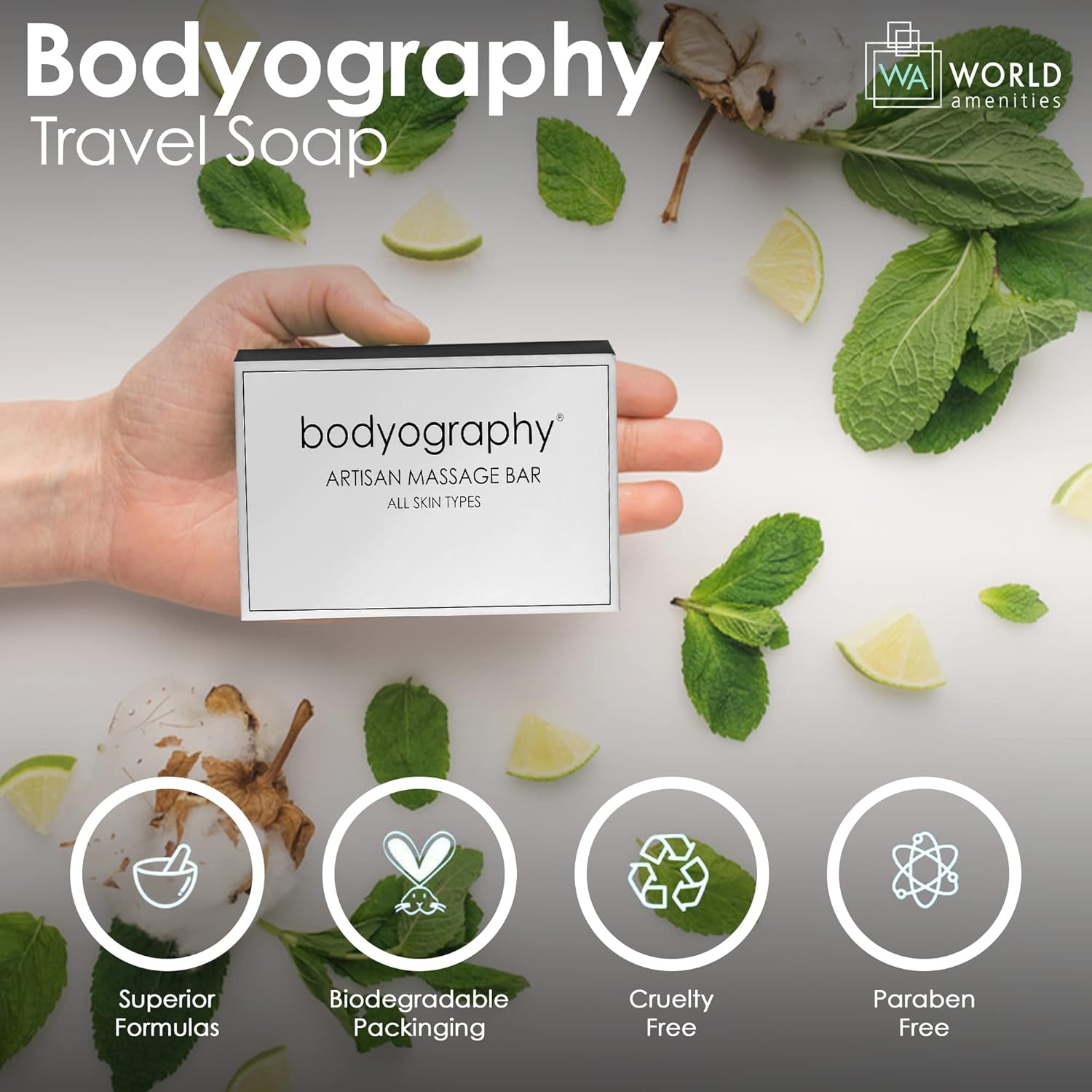 World Amenities Bodyography Blanc-Bulk Artisan Massage Bar|200 Count, 1.8 oz Vanilla White Tea, Mini Travel Size Toiletries 100% Recyclable Individually Boxed Hotel Amenities, for All Skin Types