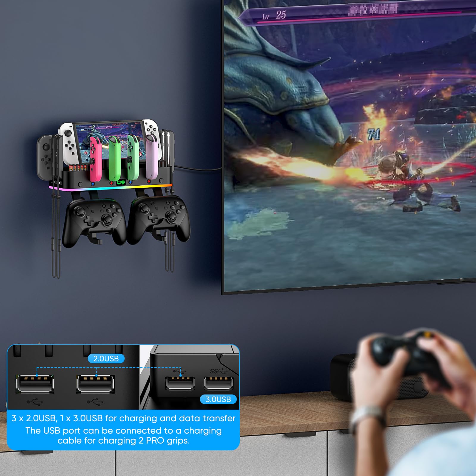 RGB Switch TV Dock Station & Wandhalterung für Nintendo Switch/OLED & Joycon, LED Ladestation für Switch Controller und Konsole，mit 4 USB-Anschlüssen, Switch-Organizer für 10 Kartenfächer, 2 Haken