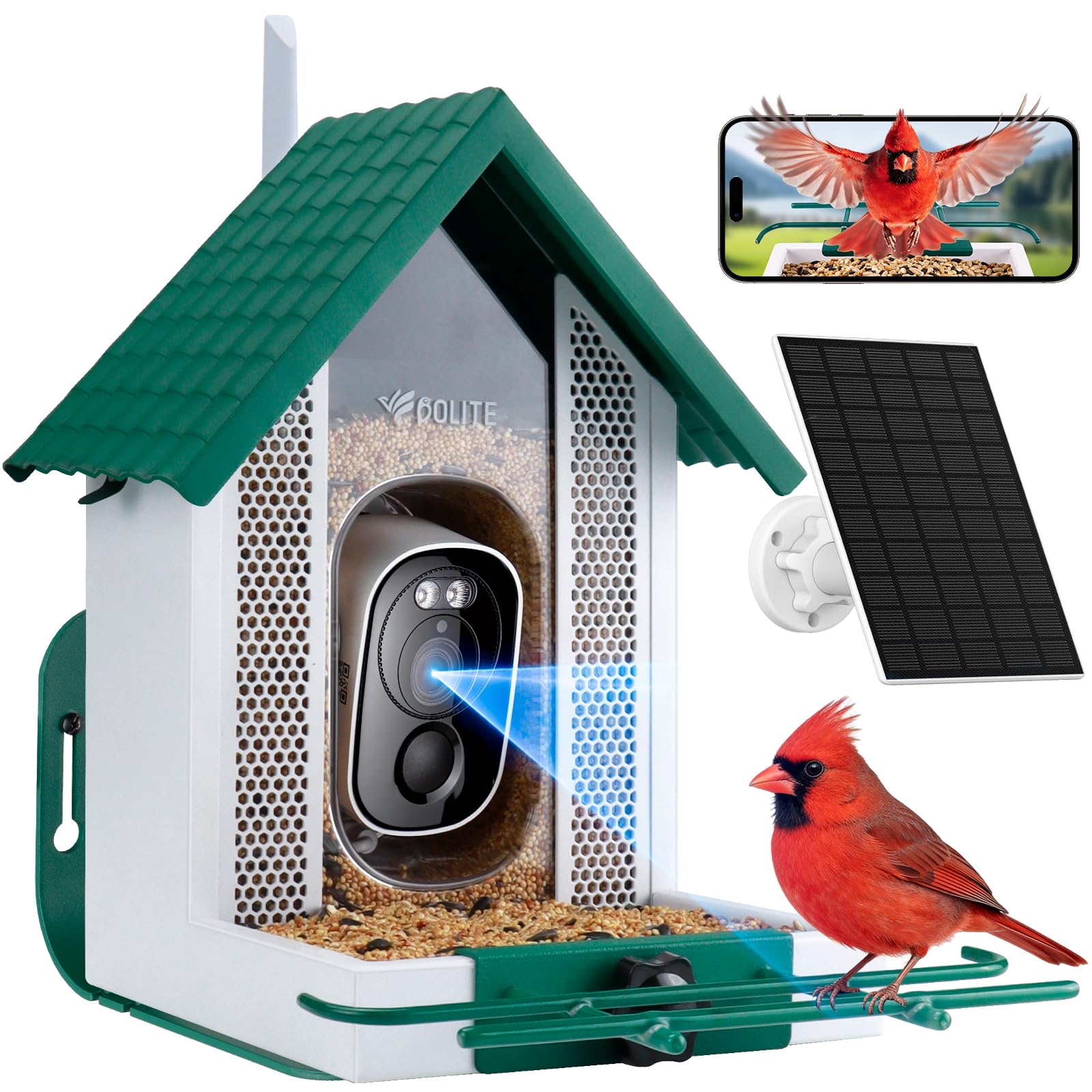 BOLITE Vogelfutterstation mit Kamera, solarbetrieben, 2,5 K HD, intelligente Vogelfutterspender für den Außenbereich, KI-Identifizierung von Arten, automatische Aufzeichnung von Videos im Hinterhof