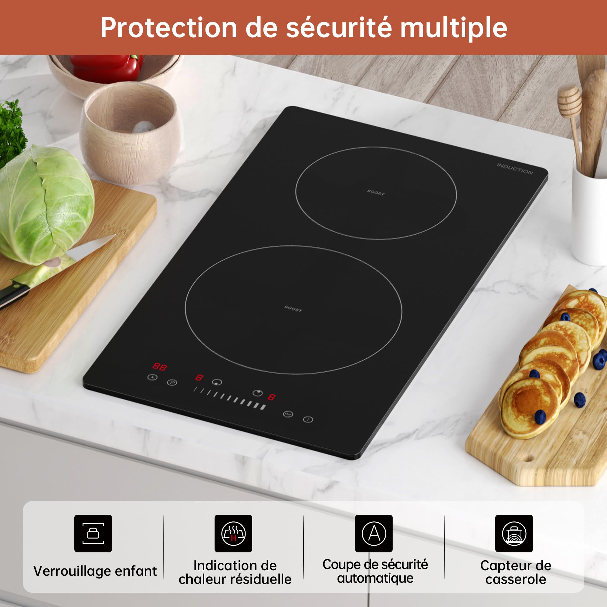 Plaque Induction 2 Feux Encastrable 3600 W, Puissance 9 Niveaux, Boost Rapide, Chauffage Doux, Minuterie, Sécurité Enfant, Détecteur Casserole, Tactile Coulissant,Noir Brillant
