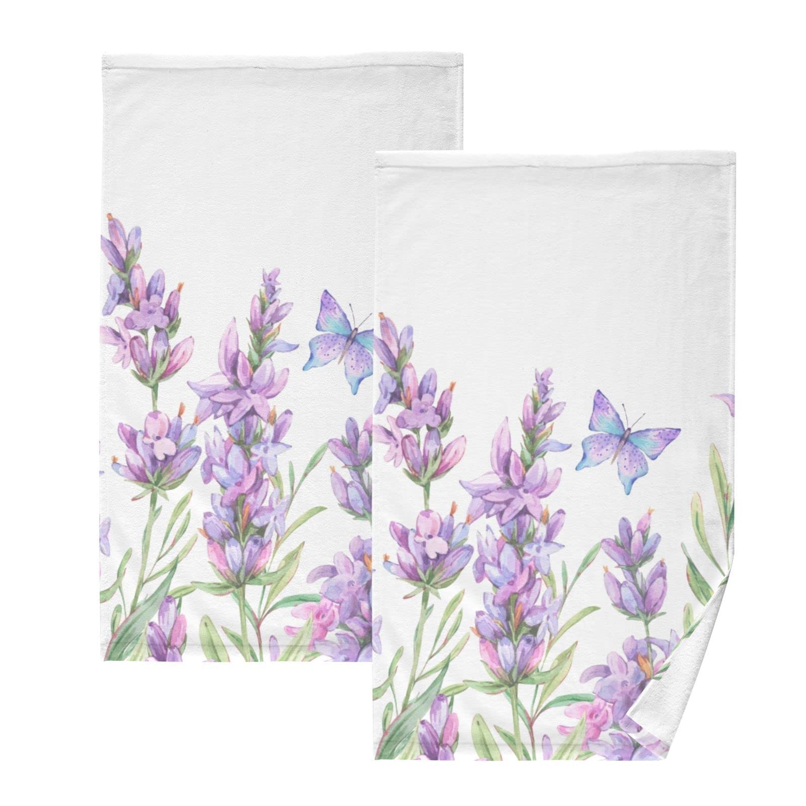 ALAZA Lavender Flower Purple Hand Towels for Bathroom Set of 2 Soft 100 Percent Cotton Towel Luxury Decorative Bath Towels Highly Absorbent Face Towel 16
