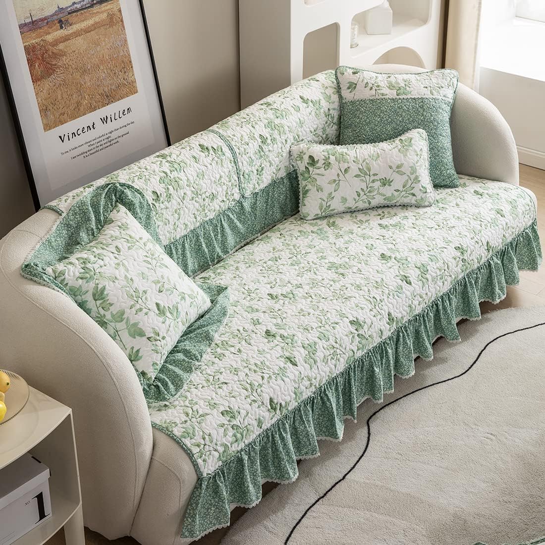vctops Boho Ruffles Leaf Printed Couch Sofa Cover Botanical Pattern Non-Slip Sofa Slipcover Soft Cotton Sectional Couch Covers Furniture Protector for Living Room (Light Green,32"x82")