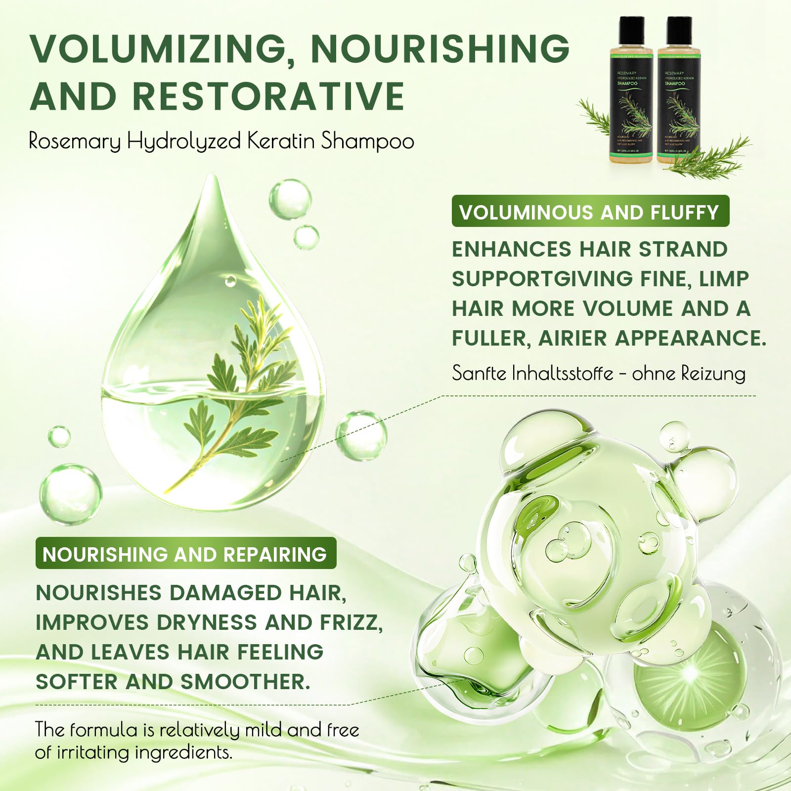 Shampoo au romarin pour la croissance des cheveux, shampooing organique au romarin Hair Growth Shampoo, épaississant naturel et fortifiant à la kératine hydrolysée contre la perte de cheveux fins et