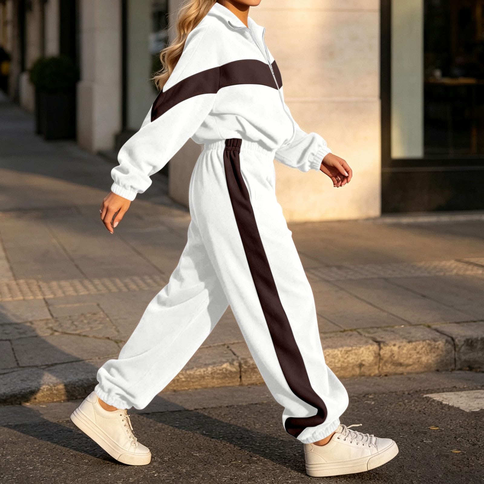 Tuta Donna Sportiva Completo Jogging Giacca e Pantaloni 2 pezzi | Righe Tute, Colori a Contrasto Cappotto con Cerniera e Pantaloni con Cintura Elastica Set Due Pezzi per Autunno e Inverno