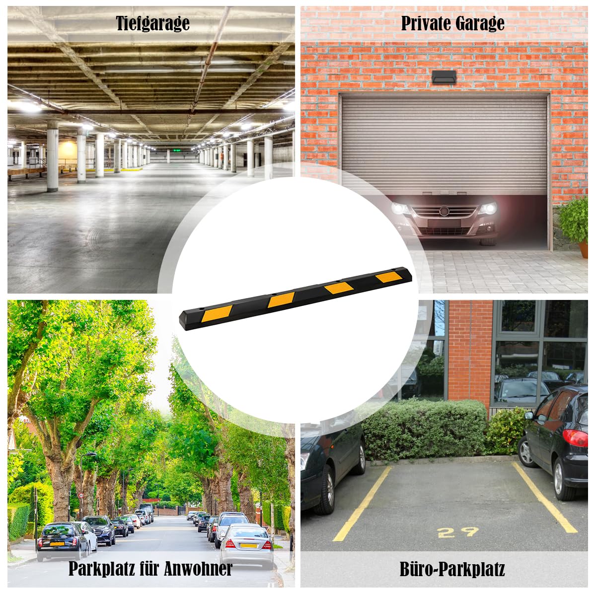 GYMAX Topes de Aparcamiento de Alta Resistencia, Tope Rueda de Goma con 8 Bandas Reflectantes Amarillas para Estacionar y Parkings, Protector de Paredes de Garaje, 183 x 15 x 10 cm