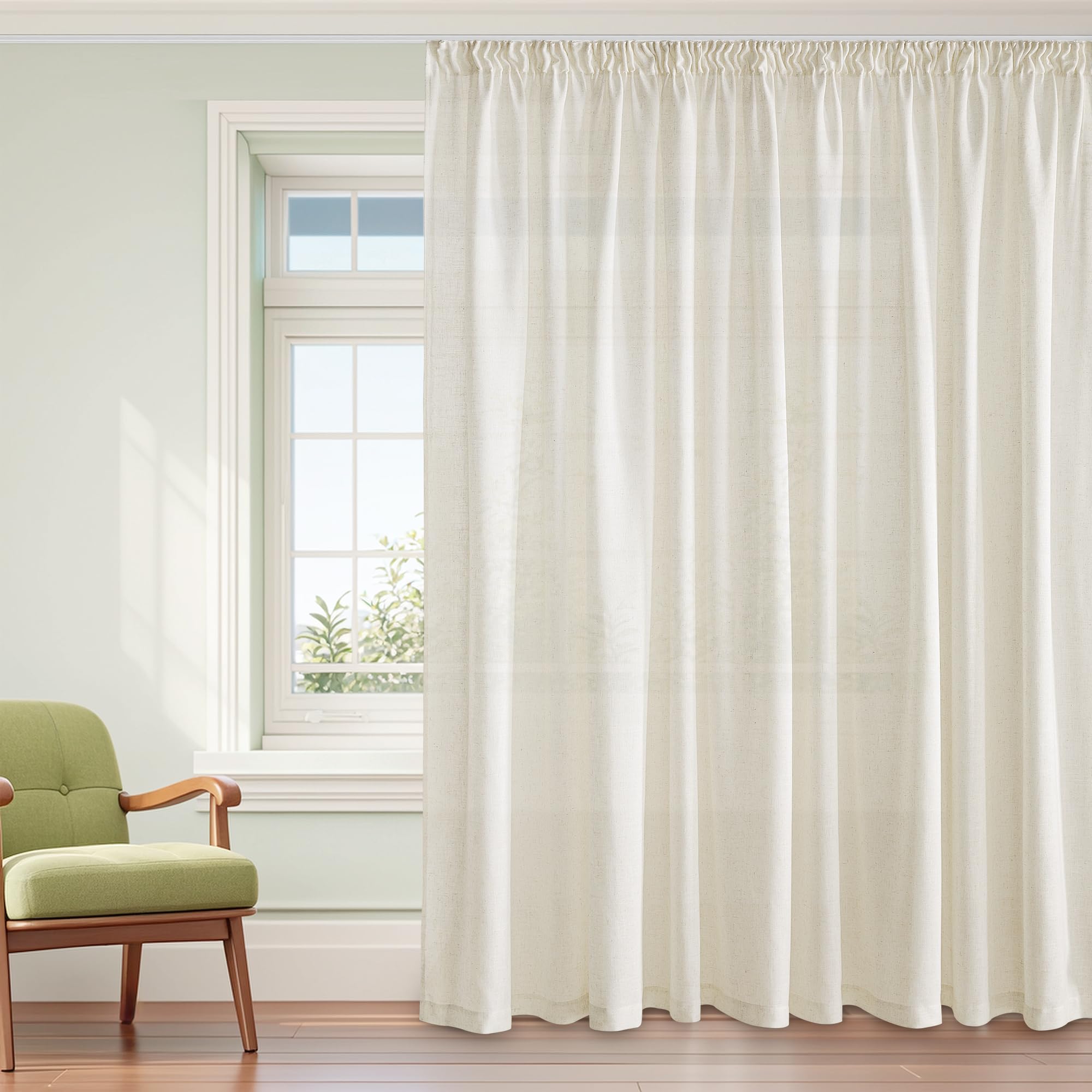 PONY DANCE Cortinas Translucidas de Lino 300x220cm(AnchoxAlto) para Riel con Ganchos, Visillos Grandes 1 Pieza de 3 Metros para Salon/Dormitorio, Crema