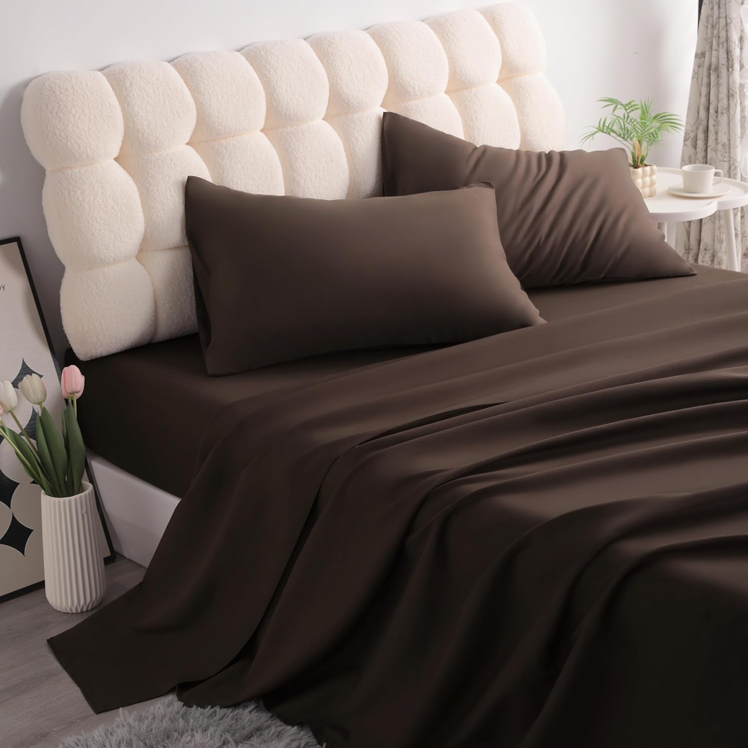 NTBAY 4 Pieces Microfiber California King Bed Sheet Set, 1800 Soft and Cozy, Wrinkle, Fade, Stain Resistant Fitted Sheet Set (1 Flat Sheet, 1 Fitted Sheet, 2 Pillowcases) with Deep Pocket, Dark Brown