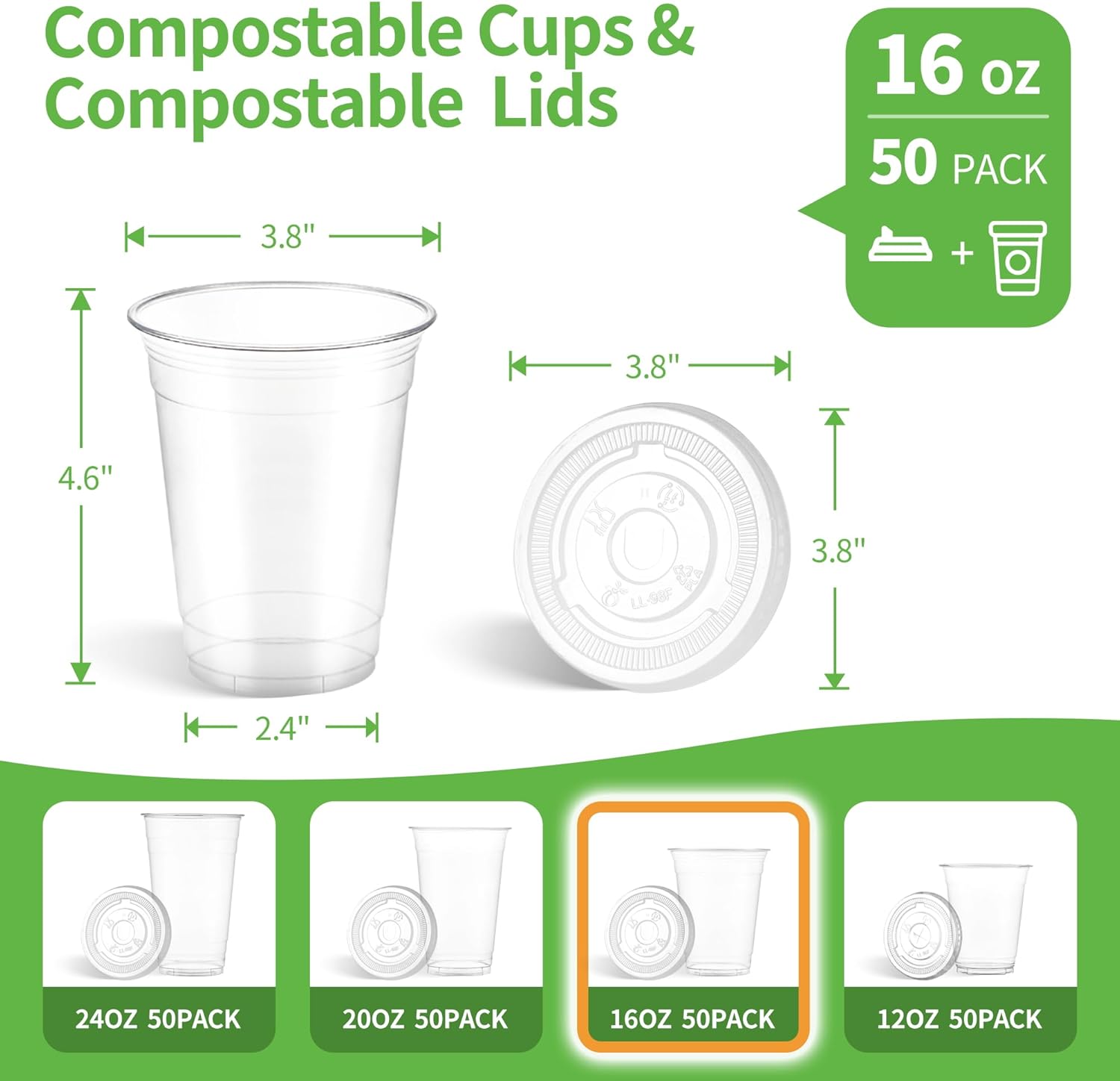 16 OZ Compostable Clear Plastic Disposable Iced Coffee Cups with Flat Lids, Biodegradable Cold Drinking To Go Coffee Cups for Party Smoothie, Slushy, Milkshake Lemonade 50 Sets - Image 5