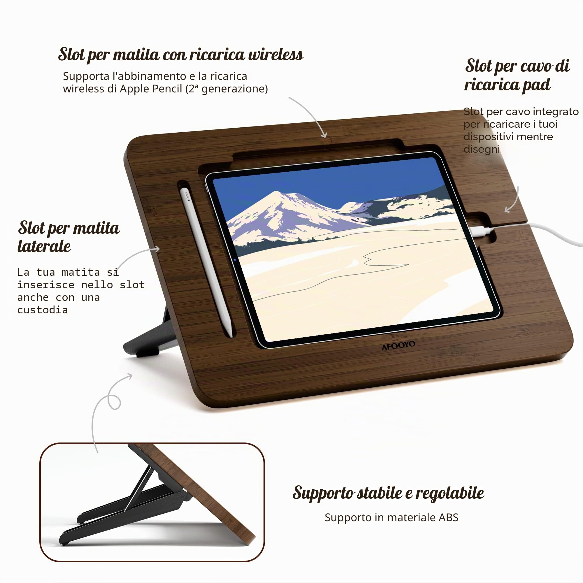 AFOOYO Supporto per tablet in bambù, portatile e regolabile in 5 angolazioni, supporto per laptop, supporto per lettura libri, compatibile con 9,7/10,2/10,5/10,9/11 pollici (vernice noce)