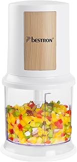 Bestron picadora electrica, Máquina picadora eléctrica con dos cuchillas de corte y capacidad de 500 ml, botón de pulso grande, 400 vatios, Colección Nordic Home, Color: Blanco mate/imitación madera