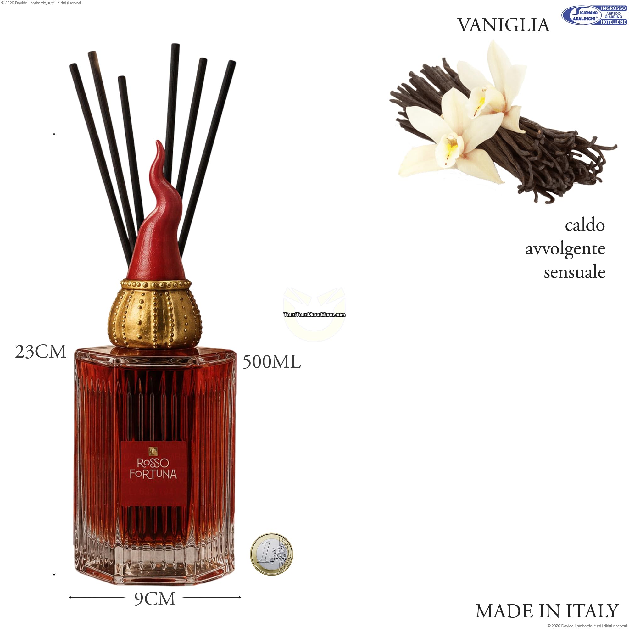 Sicignano Rosso Fortuna Diffuseur d'ambiance, 500 ml, verre strié, avec corne napolitaine, fabriqué en Italie (vanille)