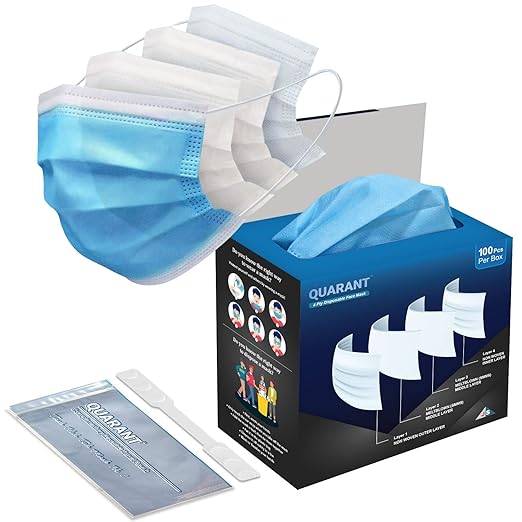 QUARANT Meltblown - Dual SMMS Fabric 4 Ply Anti Pollution Disposable Face Mask with Nose Pin, Mask Extender and Reusable Travel Pouch and Mask Extender (Pack of 100) for Unisex