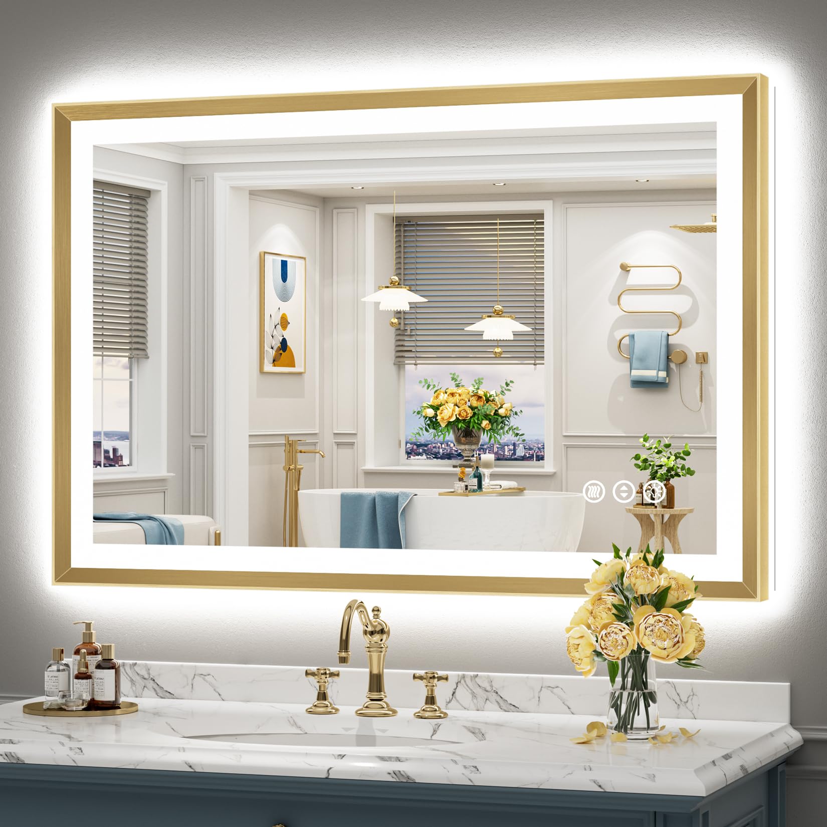 48x32 Gold Beveled LED Lighted Bathroom Mirror, Backlit &amp; Front Lit