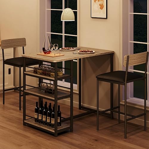 GarveeHome Juego de mesa de comedor para 2, mesa de cocina de altura de mostrador con 2 taburetes de bar tapizados, mesa de comedor y sillas con