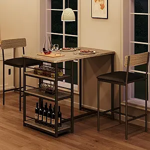 GarveeHome Dining Table Set for 2, Counter Height Kitchen Table with 2 Upholstered Bar Stools, Dining Table and Chairs Set with Storage Shelves, for Small Space, Apartment, Studio, Retro Gray