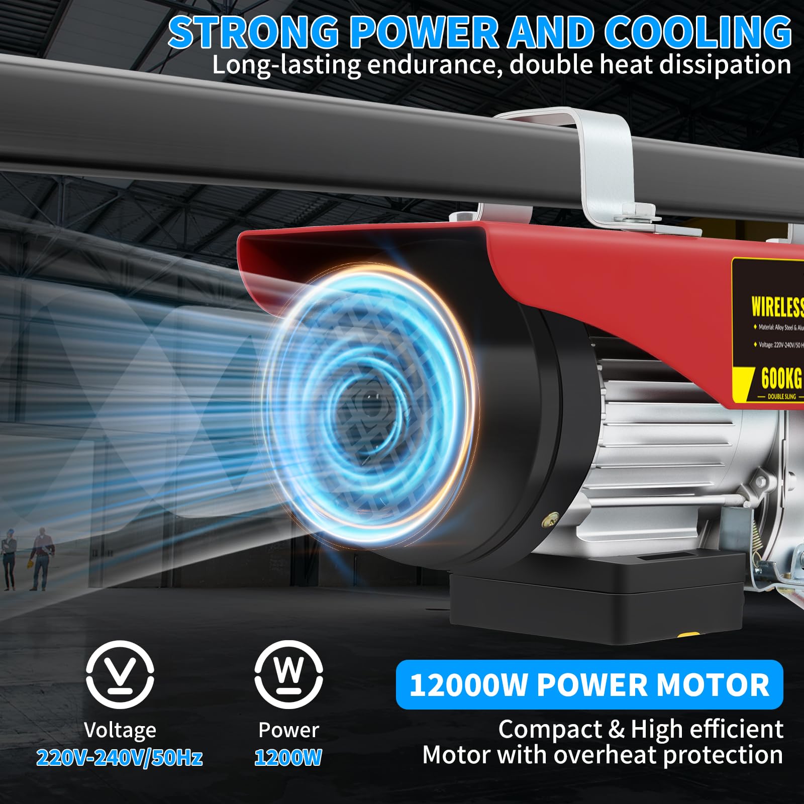 Paranco Elettrico 600kg - 1150W Altezza di Sollevamento 12m Velocità 10m/min Motore Rame Telecomando Cavo per Officine e Magazzini