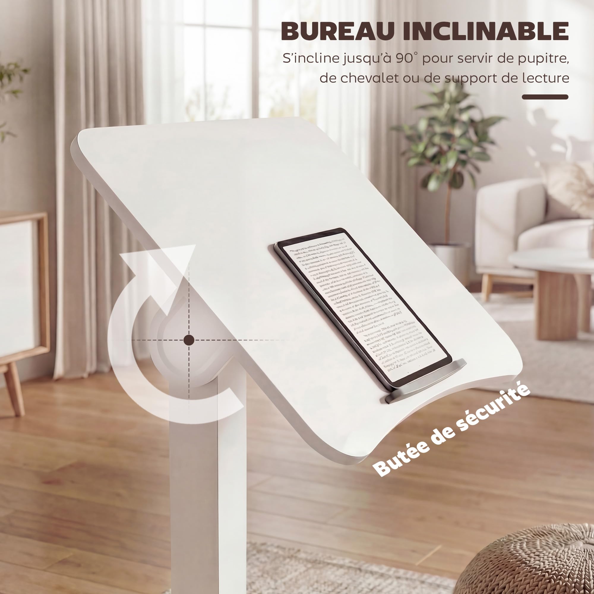 HOMCOM Escritorio de pie regulable en altura 75-114 cm, escritorio para ordenador portátil con ruedas, bandeja reclinable, tope de seguridad, marco de acero, mesa de dibujo neumático para espacio