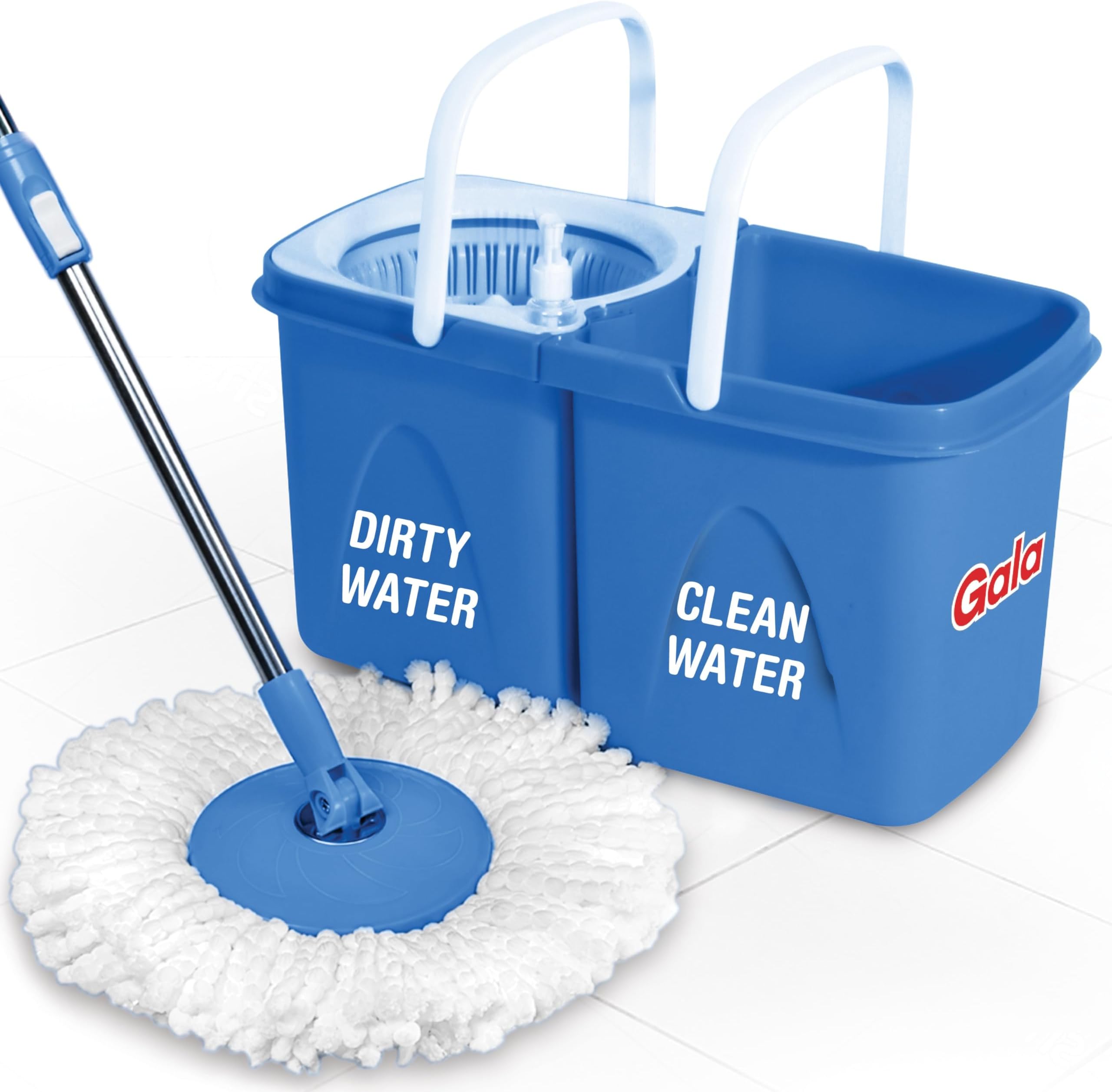 Gala Twin Bucket Spin Mop, 2 Microfiber Refills, Floor Cleaning Mop stick with Bucket, pocha for floor cleaning, Mopping Set with two buckets (white and blue)