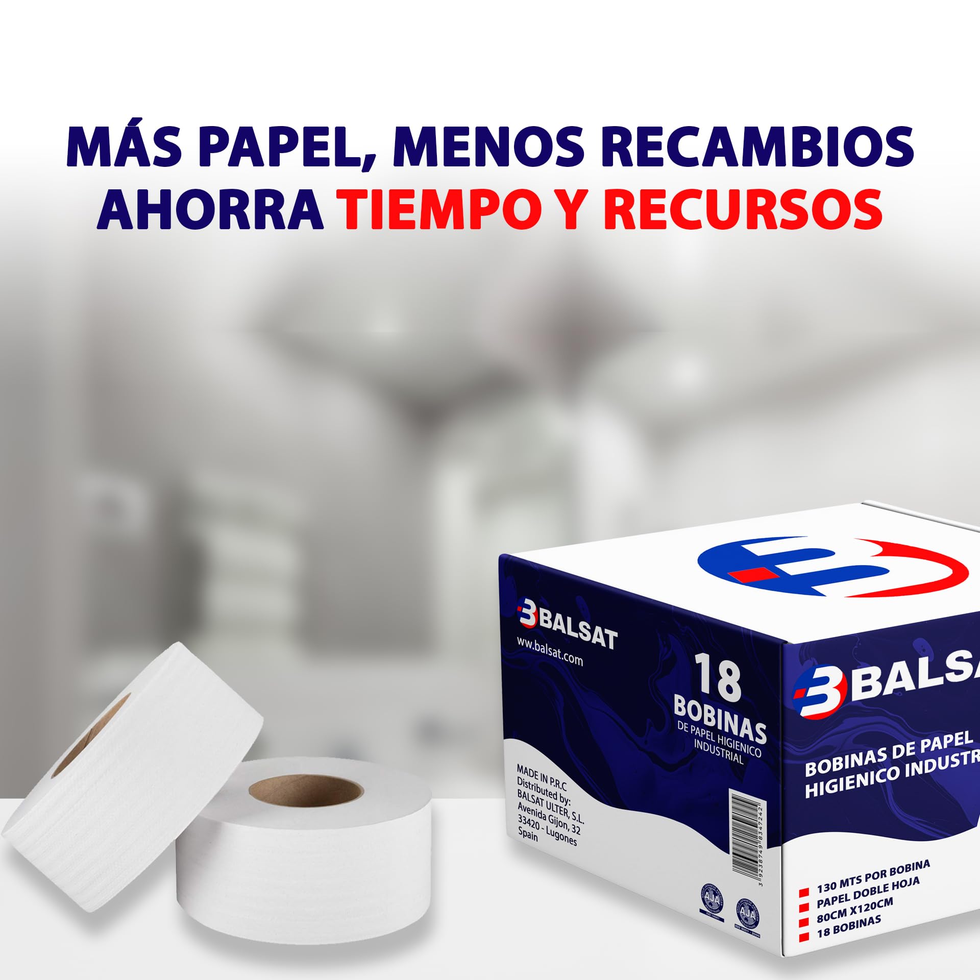 BALSAT | 18 Bobinas De Higiénico | Industrial Resistente Doble Hoja | Rollo Industrial130m | Baño | Ideal en Dispensador.