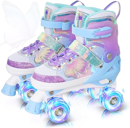 MammyGol Kids Roller Skates for Girls or Boys, 4 Size Adjustable Roller Skates with Beautiful Butterflies, Beginner Kids Light up Roller Quad Skates Indoor Outdoor (Purple)