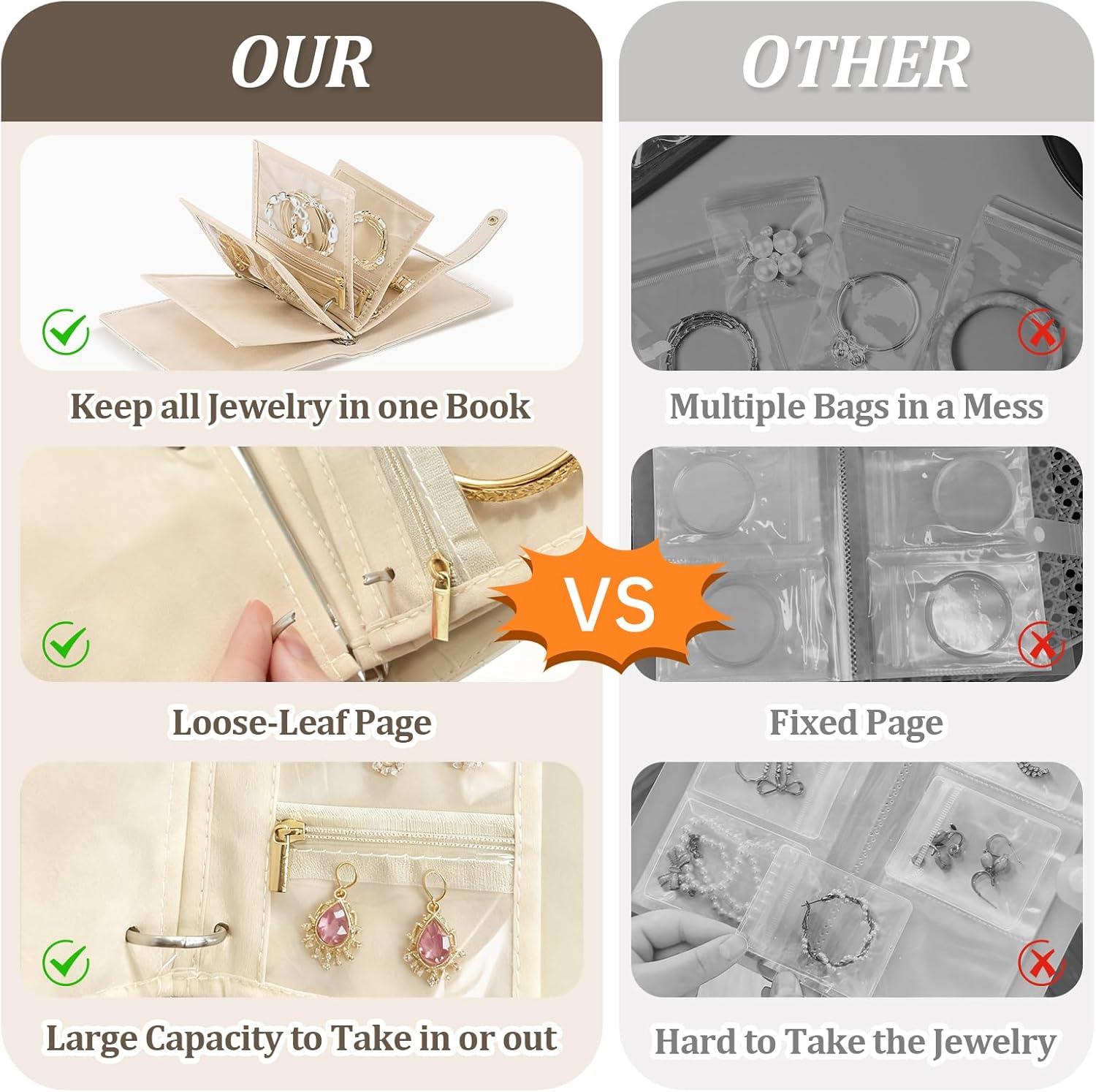 Velvet Travel Jewelry Organizer Book with Zipper Pouches – Anti-Tarnish, Scratch-Proof Jewelry Storage for Rings, Necklaces, Earrings, Bracelets – Portable Soft Case for Women (White) - Image 4