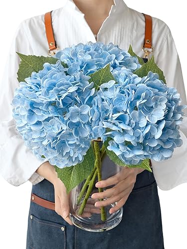 Hortensias artificiales de tacto real, 3 piezas de 21 pulgadas, flores de seda de látex real grandes, tallos largos, ramo de flores falsas para