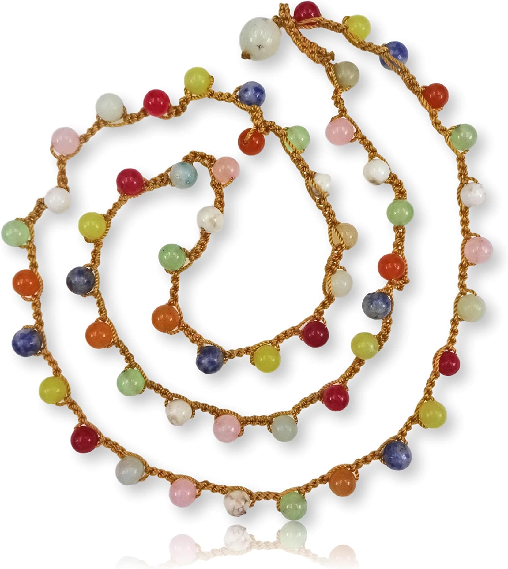 Multi-color Stone Hand Beaded Crocheted Long Lariat Y Versatile Necklace or Bracelet, 32" Long.