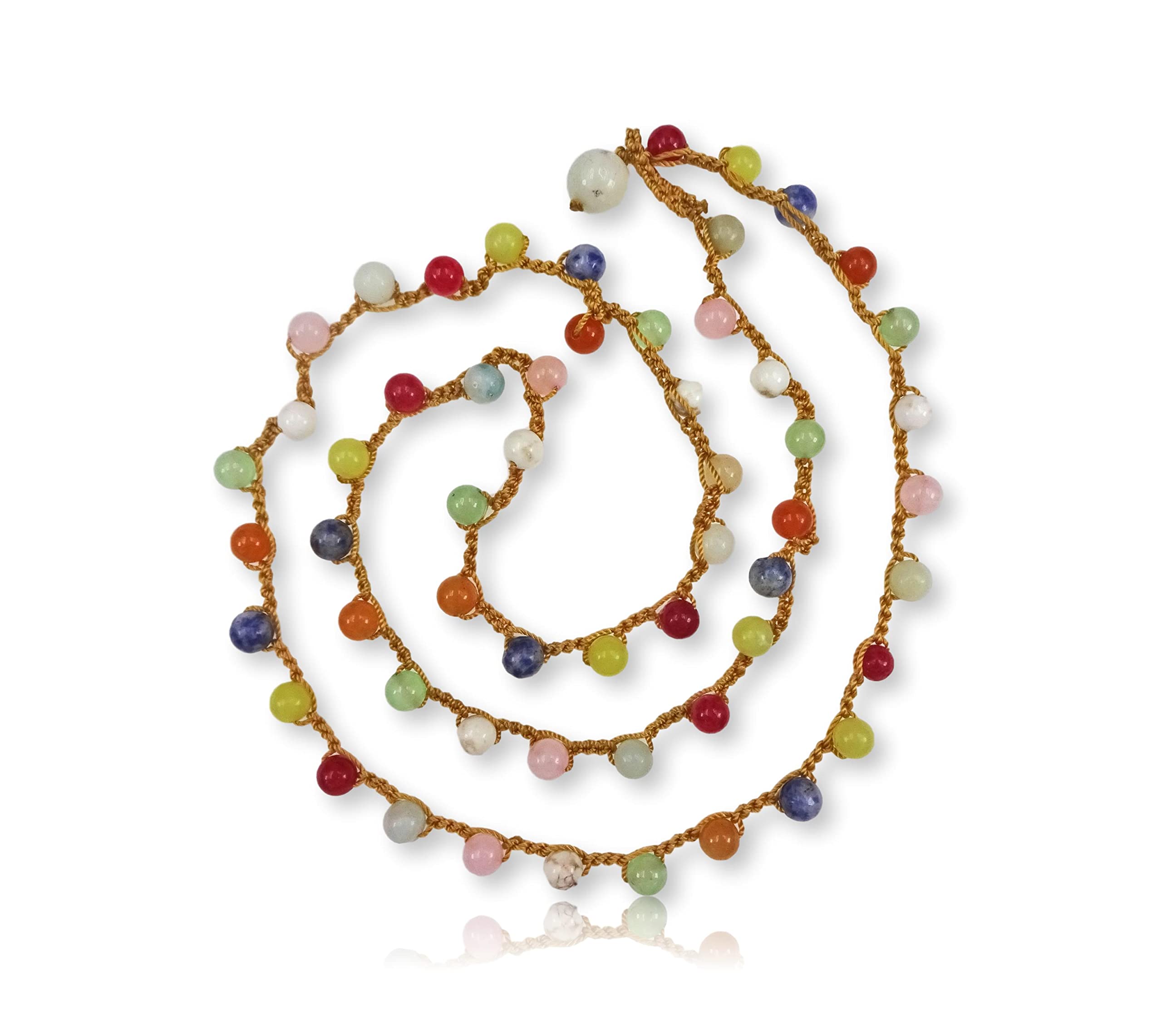 Multi-color Stone Hand Beaded Crocheted Long Lariat Y Versatile Necklace or Bracelet, 32" Long.