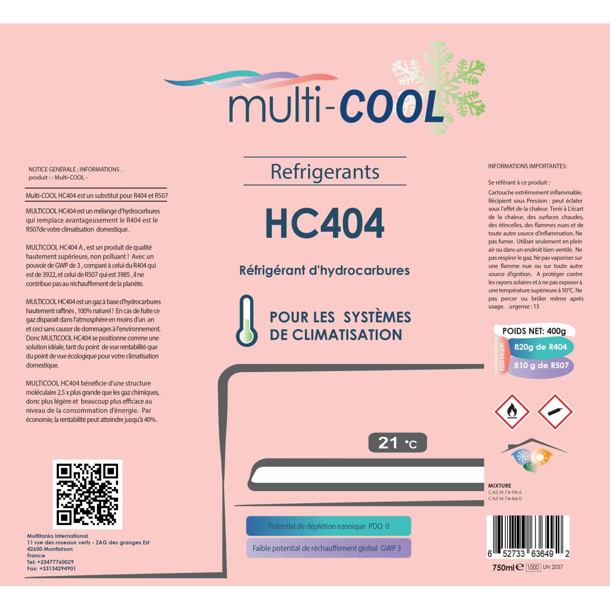 Canette Réfrigérant Multicool-404 de 400grs, remplace le R22, R407C, R502 et R404a